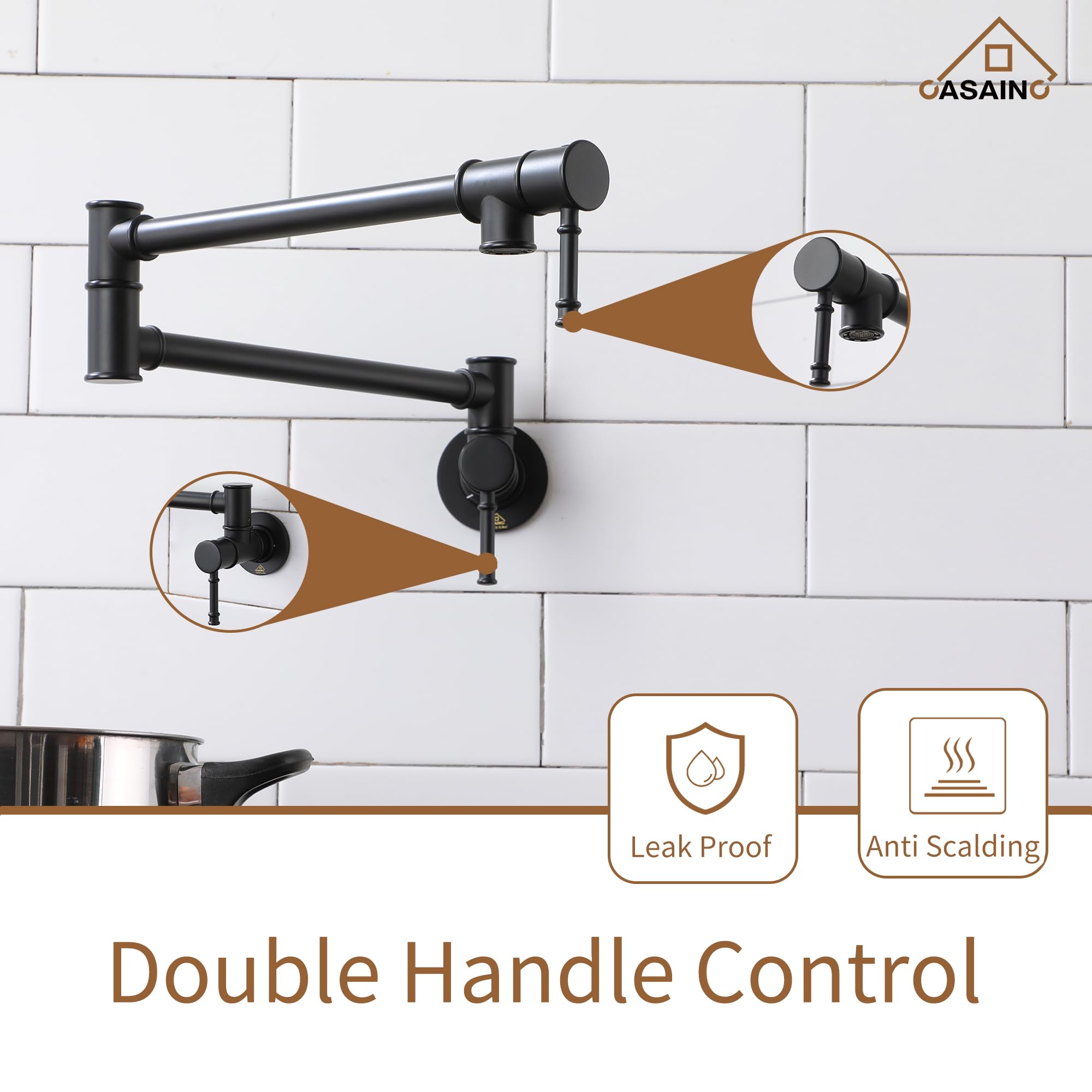 **Premium Matte Black Commercial Wall Mount Pot Filler Faucet - Brass Swing Arm Stove Faucet for Kitchen, Double Joint Folding Design - Ideal for Cooking, Filling Large Pots & Professional Chef Kitchens**