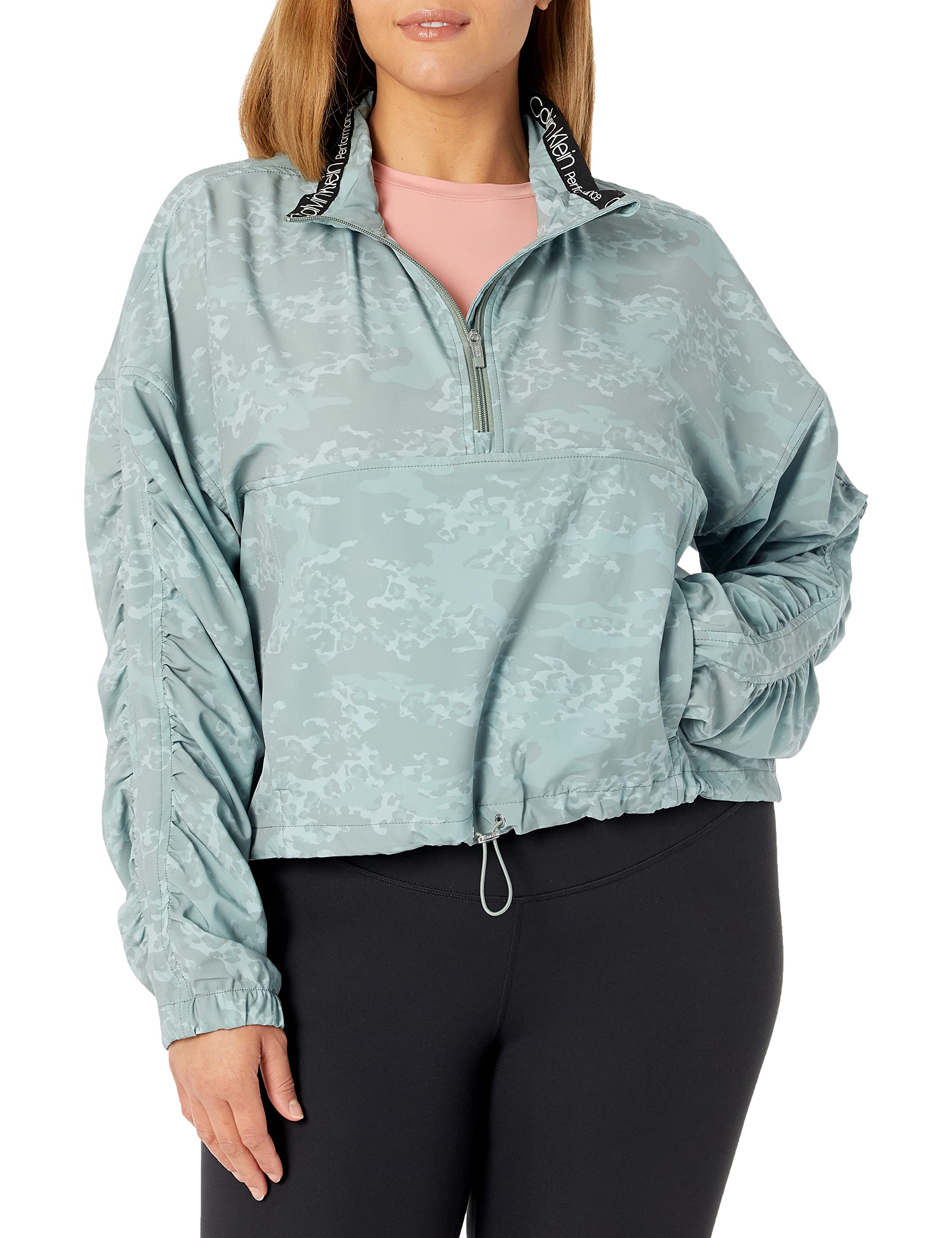 Calvin Klein Performance Women's Print Funnel Neck 1/2 Zip Pullover Sweater with Ruched Sleeves - Athletic Workout & Casual Wear Top for Gym, Running, and Everyday Fashion