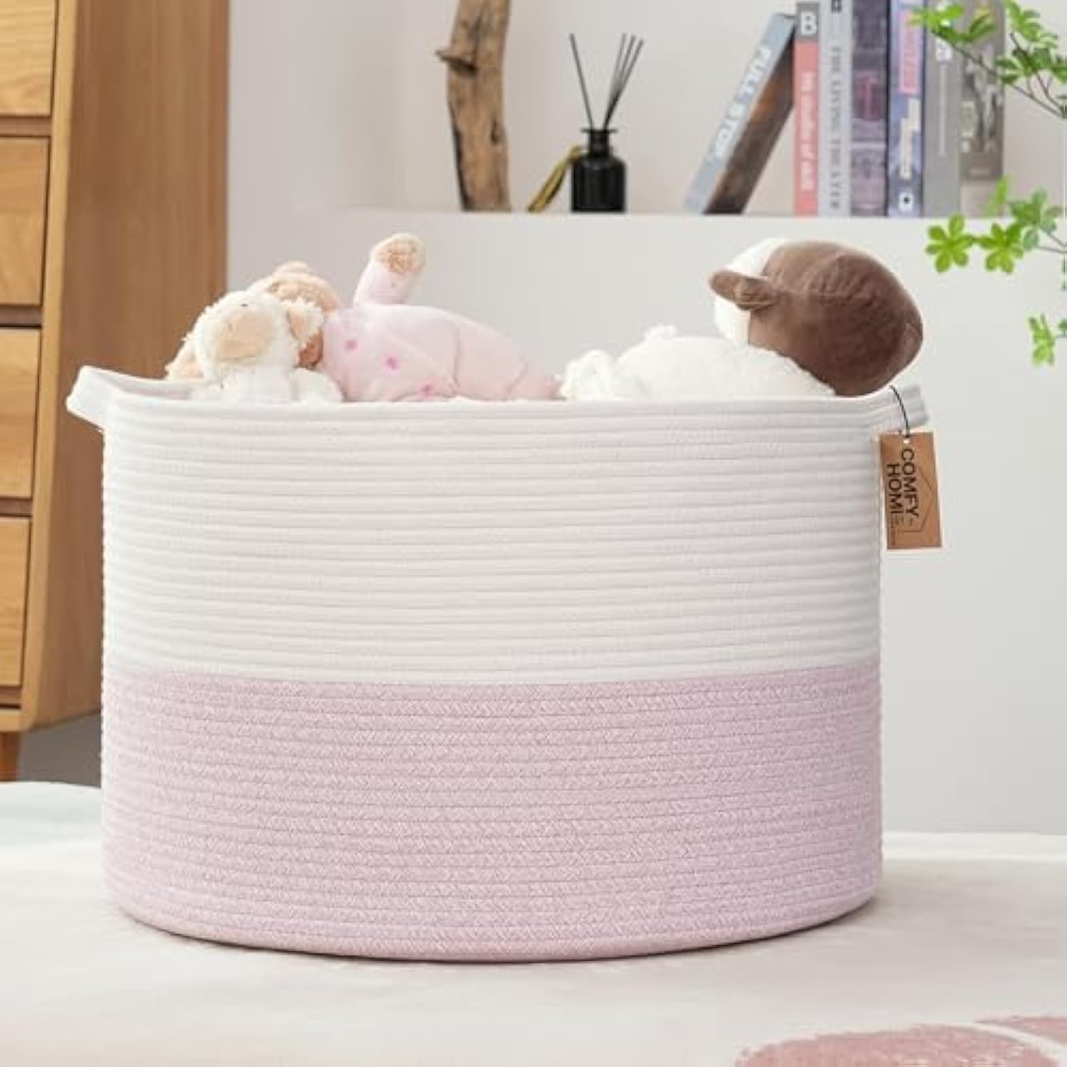 COMFY-HOMI Extra Large Woven Storage Basket 21x21x13.6 Inches - Cotton Rope Toy Organizer & Blanket Holder for Nursery, Living Room, Bedroom - White/Pink Baby Basket for Newborns & Home Decor