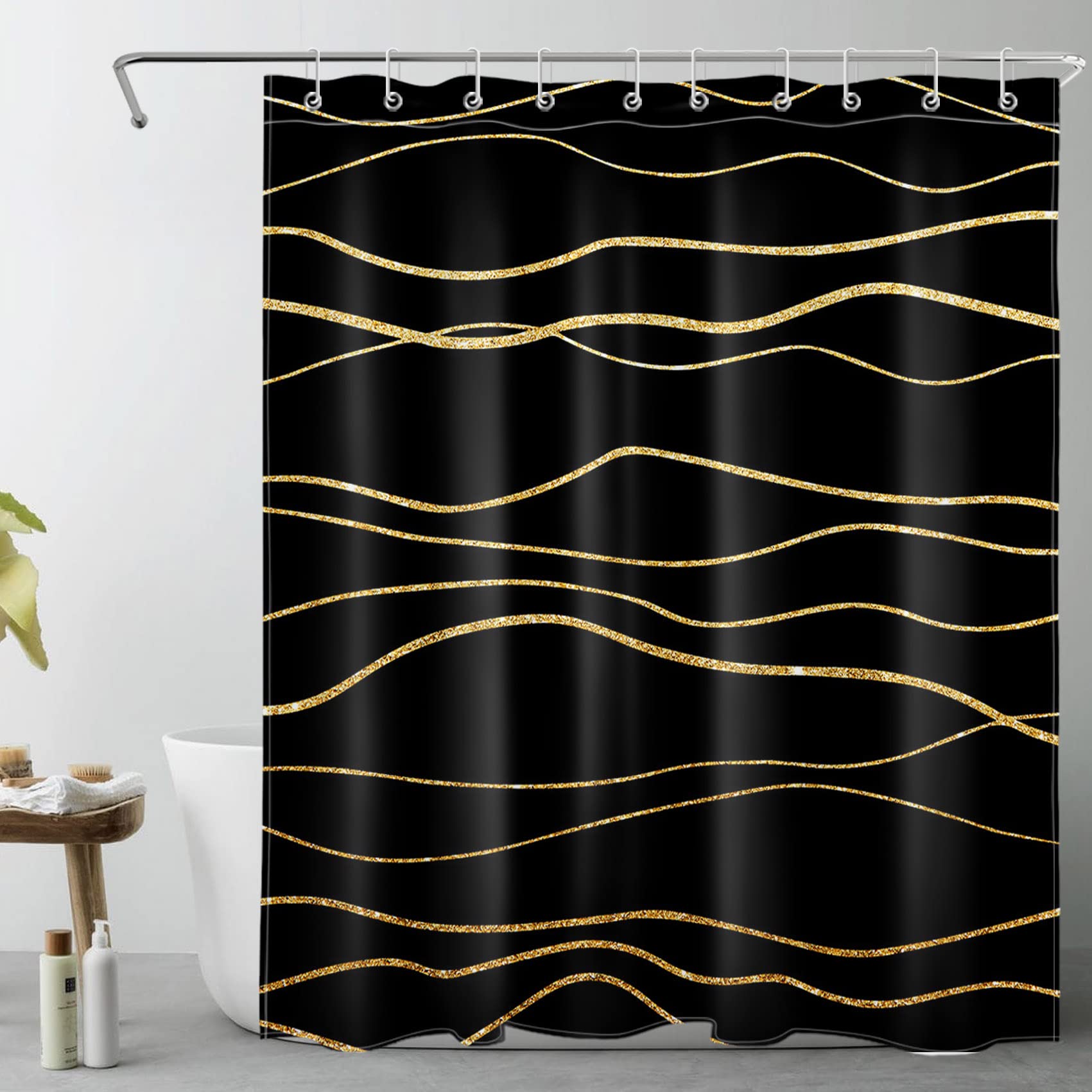 Black and Gold Wave Stripe Luxury Shower Curtain - 60x72 Inches Polyester Fabric Bathroom Decor with Hooks | Minimalist Bath Accessories for Modern & Elegant Bathrooms