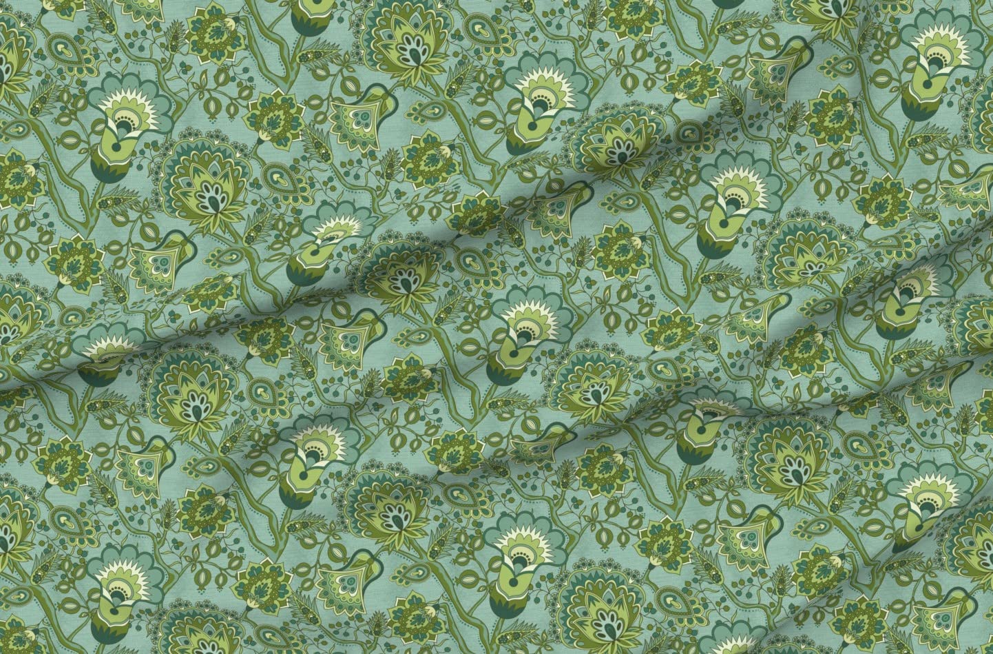 Premium Spoonflower Upholstery Velvet Fabric - Vintage Green Floral Chintz Wood Print on Teal Background - Perfect for Home Decor, Curtains & DIY Apparel | Soft, Durable & Sold by The Yard