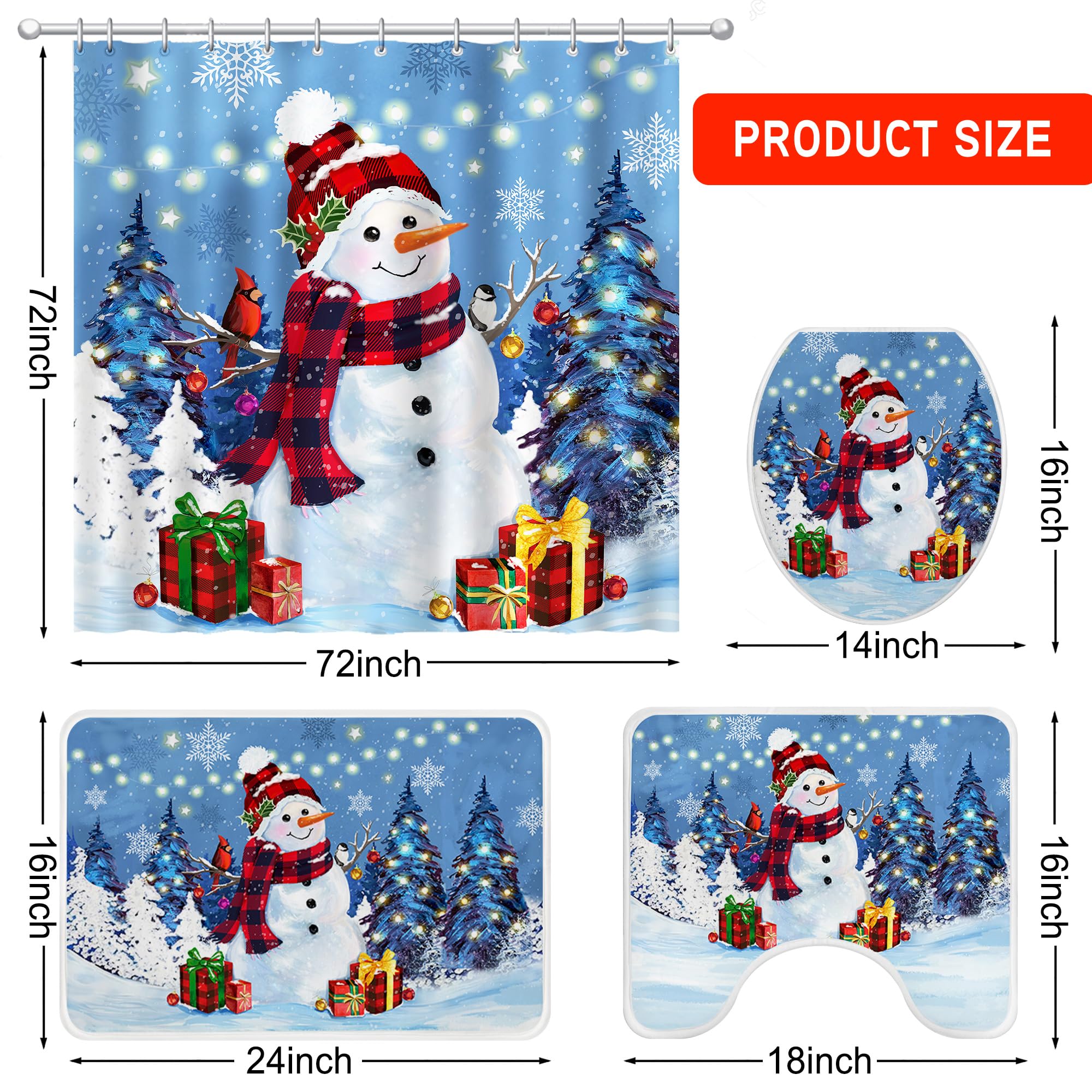 Snowman Christmas Shower Curtain Set - 4 Piece Bathroom Decor with 72x72 Inch Waterproof Curtain, Non-Slip Rug, Toilet Lid Cover & 12 Hooks - Holiday Blue Winter Theme for Bathroom, Guest Room & Seasonal Decor