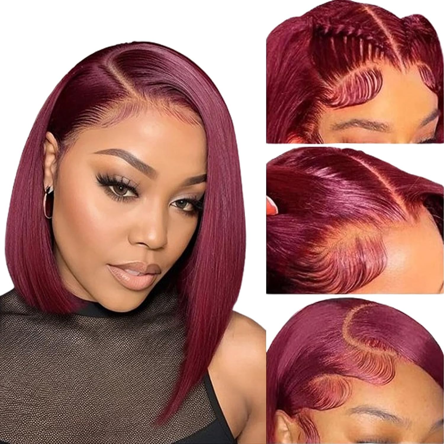99J Burgundy Bob Wig - 13x4 Lace Front Human Hair Wig for Black Women | Straight Burgundy Pre-Plucked 180% Density Bob Wig with Transparent Lace | 10 Inch Short Bob Style | Perfect for Daily Wear, Cosplay & Special Occasions