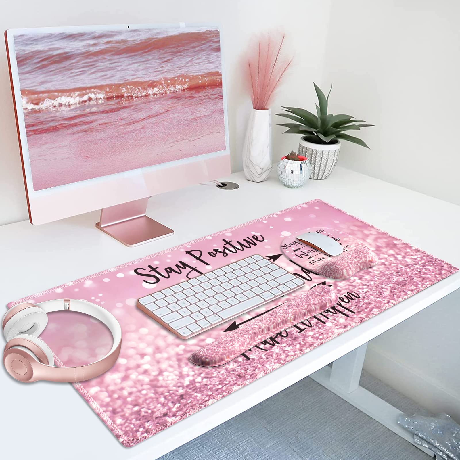 Ergonomic Pink Mouse Pad with Wrist Support - Non-Slip Rose Gold Keyboard Wrist Rest & Desk Mat, Stitched Edges for Durability (Stay Positive Design) - Perfect for Office, Gaming, and Home Workspace Comfort