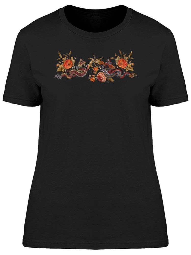 Red Dragons with Poppy Flowers Women's T-Shirt - Casual Vintage Graphic Tee for Streetwear & Festival Outfits