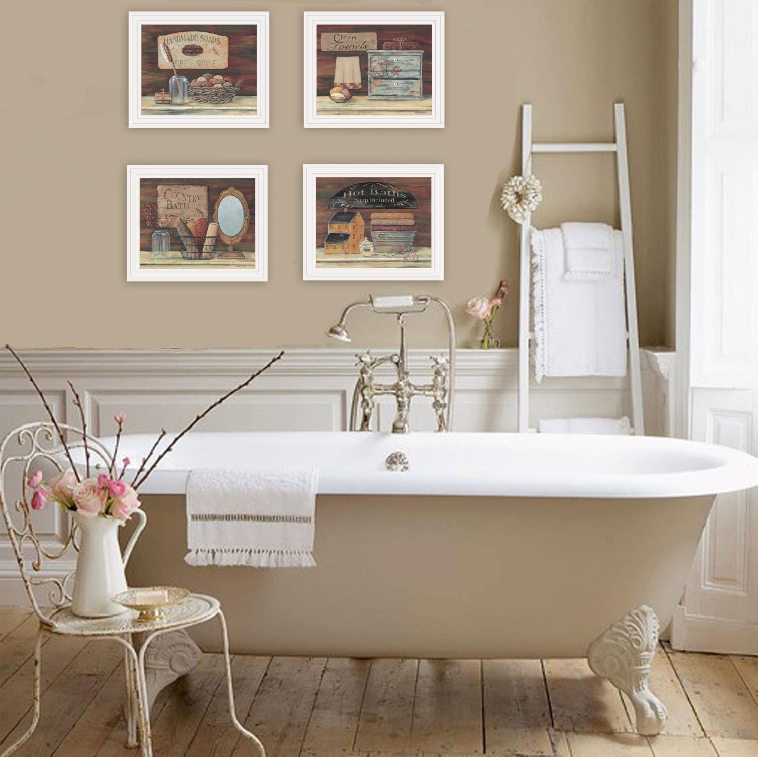 Pam Britton 4-Piece White Framed Bathroom Wall Art Set - Elegant Vignette Collection for Bathroom Decor, Home & Spa Interior Design