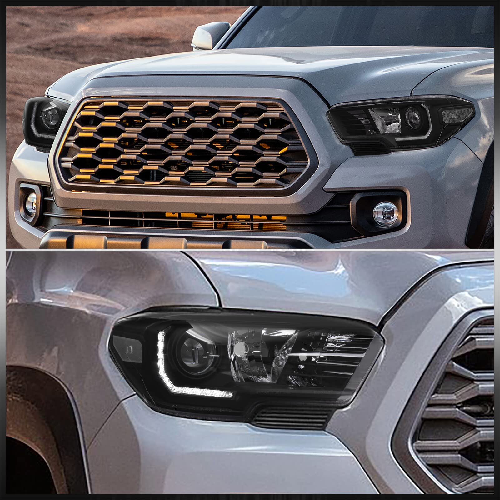 AJP Distributors Black Housing Clear Lens LED Projector Headlights with DRL Strip - Compatible with Toyota Tacoma 2016-2023 Models | High Visibility Driving Lights for Night & Off-Road Use