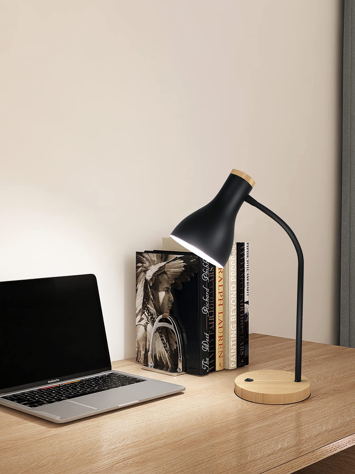 Adjustable Metal Arc Desk Lamp with Wood Base - Flexible Gooseneck Reading Light for Bedroom, Study Room & Office - Perfect for Night Reading, Working & Home Decor (Wood Base+Black)