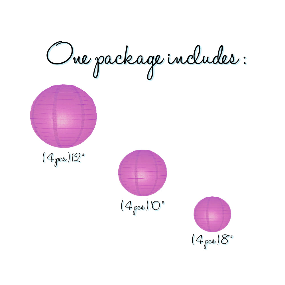 12-Piece Violet & Orchid Paper Lantern Set - Chinese Hanging Decorations for Weddings, Parties & Events (12/10/8 Inch) - Perfect for Indoor/Outdoor Celebrations, Home Decor & Festival Lighting