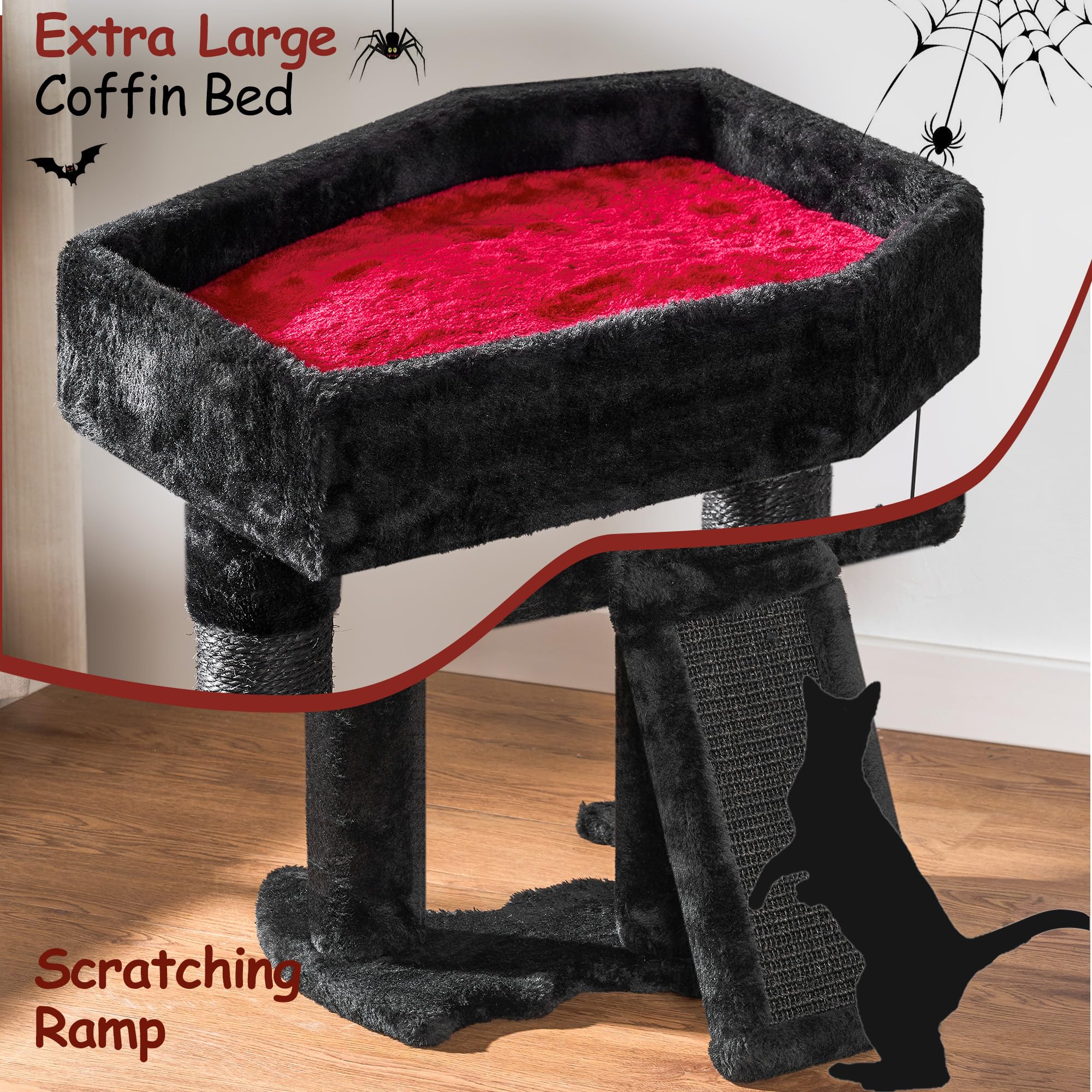 BEWISHOME Gothic Cat Tree with Coffin Cat Bed - Black & Red Halloween Cat Tower with Scratching Post, Soft Cushion & Spider Hanging Ball - Spacious Cat Condo for Play & Rest - Perfect Gothic Pet Furniture for Halloween Decor & Everyday Use
