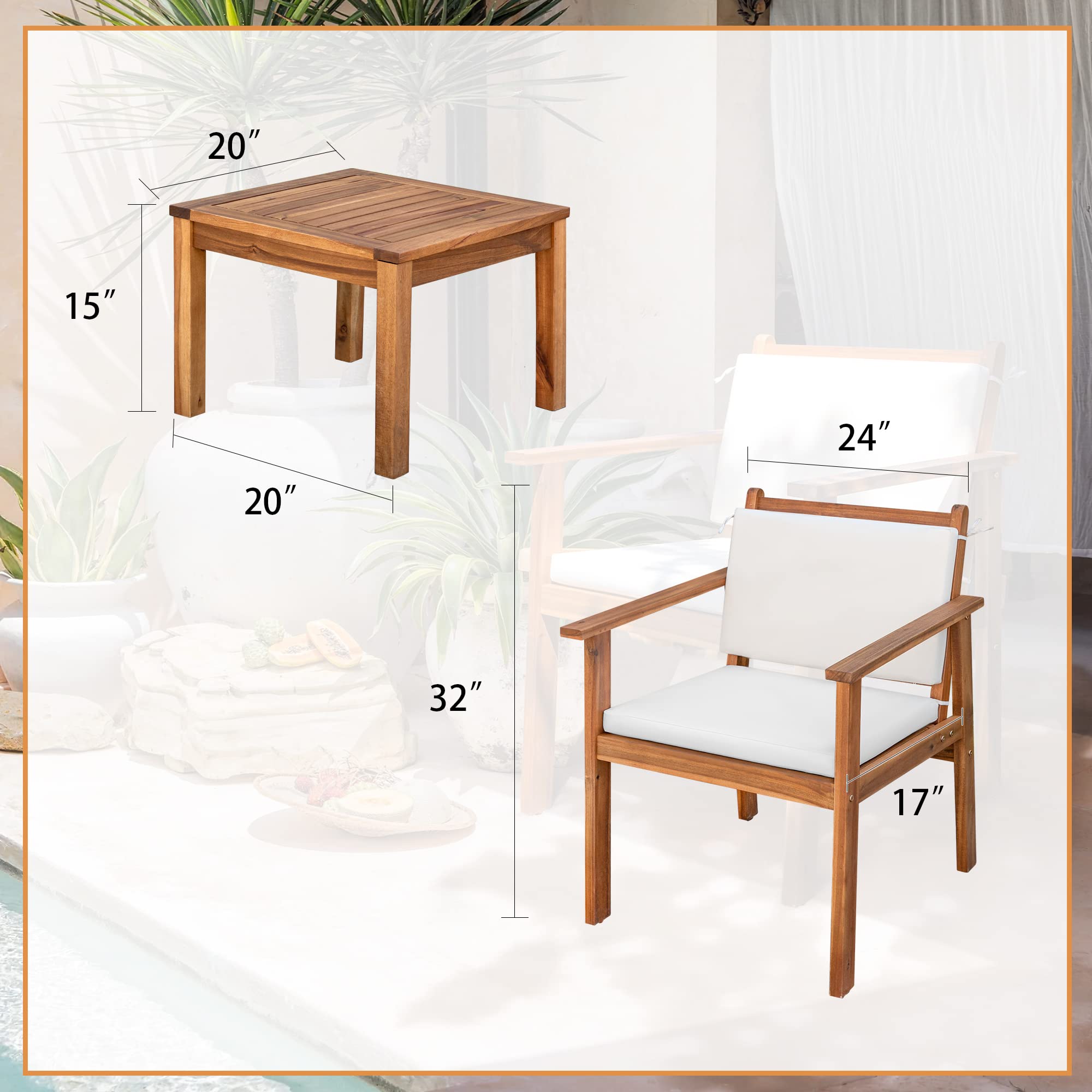 Devoko 3-Piece Acacia Wood Patio Furniture Set with Table & Cushions - Outdoor Conversation Seating for Porch, Balcony, Deck, Backyard - Beige - Perfect for Relaxing, Entertaining & Outdoor Dining