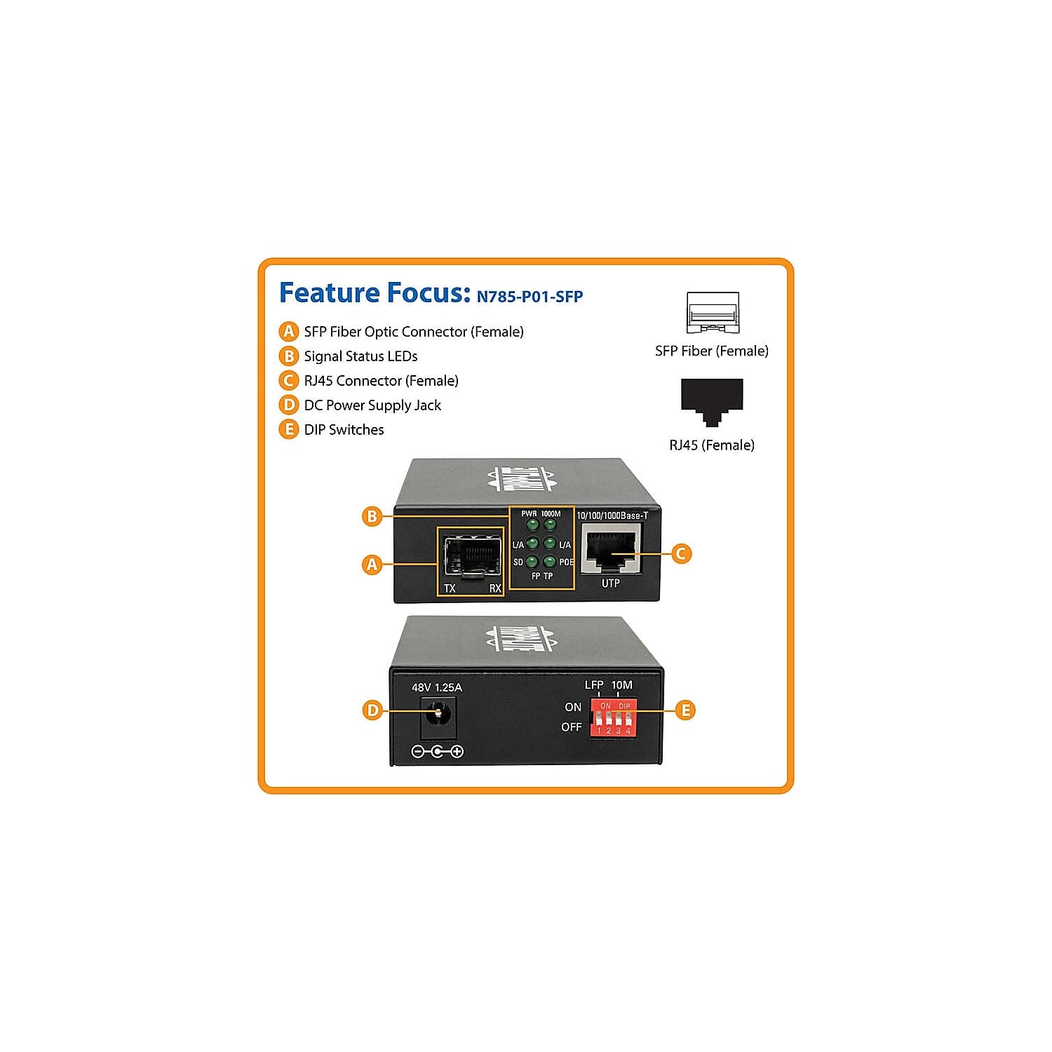 Tripp Lite Customizable SFP Fiber Media Converter | Gigabit Ethernet to Fiber Converter | PoE+ Support | 10/100/1000 Mbps (N785-P01-SFP) | Ideal for Data Centers, Office Networks & Industrial Applications