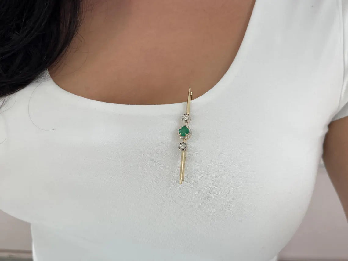 1.65tcw Natural Emerald Diamond Vintage Three Stone Antique Brooch Pin - Elegant Jewelry for Weddings, Parties & Special Occasions