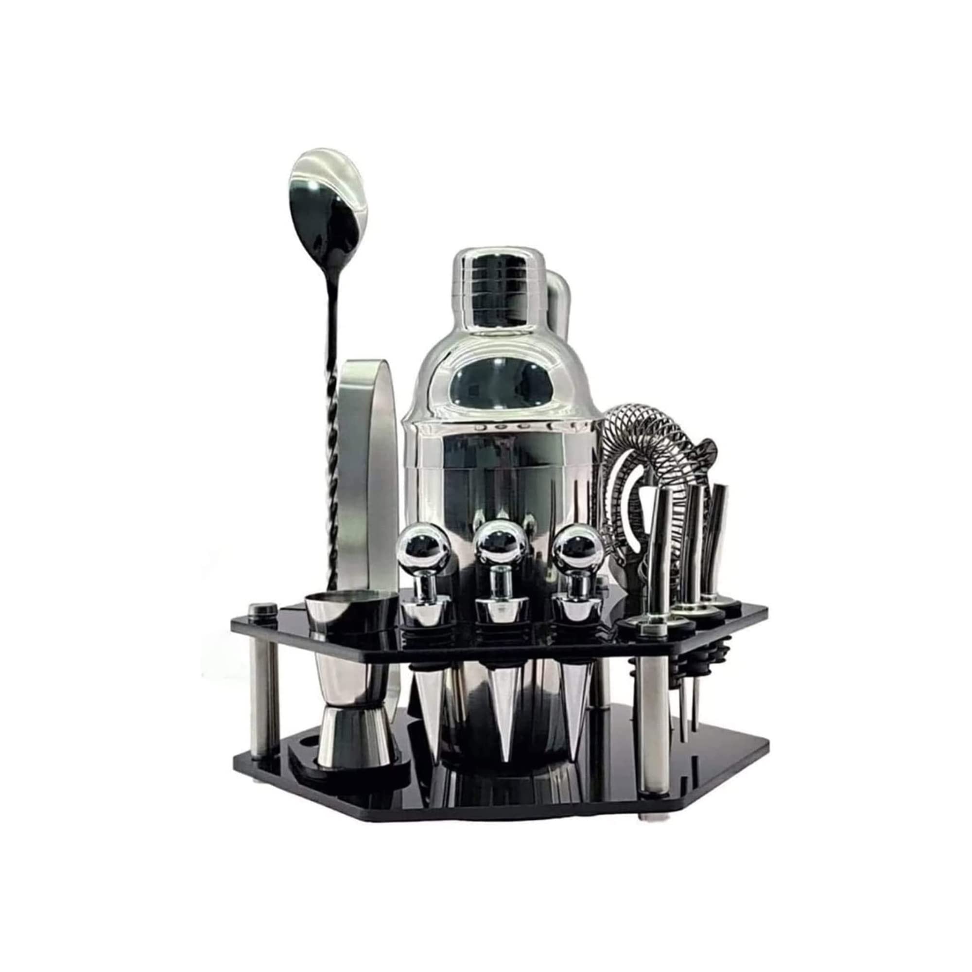 14-Piece Stainless Steel Bartender Cocktail Set with Swivel Hexagon Acrylic Stand - Professional Bar Tools for Mixing, Shaking & Serving - Perfect for Home Bars, Parties & Cocktail Making