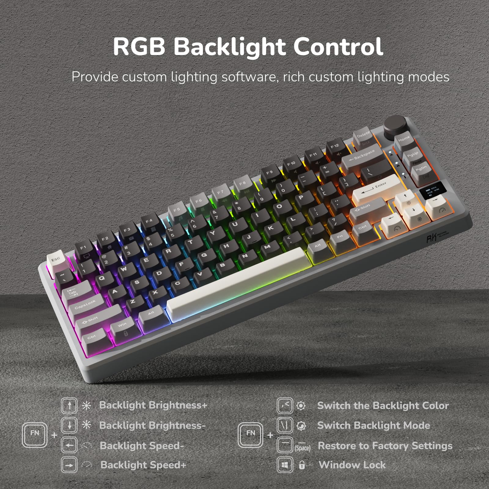 RK ROYAL KLUDGE M75 Wireless Mechanical Gaming Keyboard - 2.4Ghz/BT5.1/USB-C, 75% Compact Layout (81 Keys), Gasket Mount, OLED Display & Control Knob, RGB Backlit, Hot-Swappable Viridian Switch (Marble Grey) - Perfect for PC Gaming, Office Work & Typing Enthusiasts