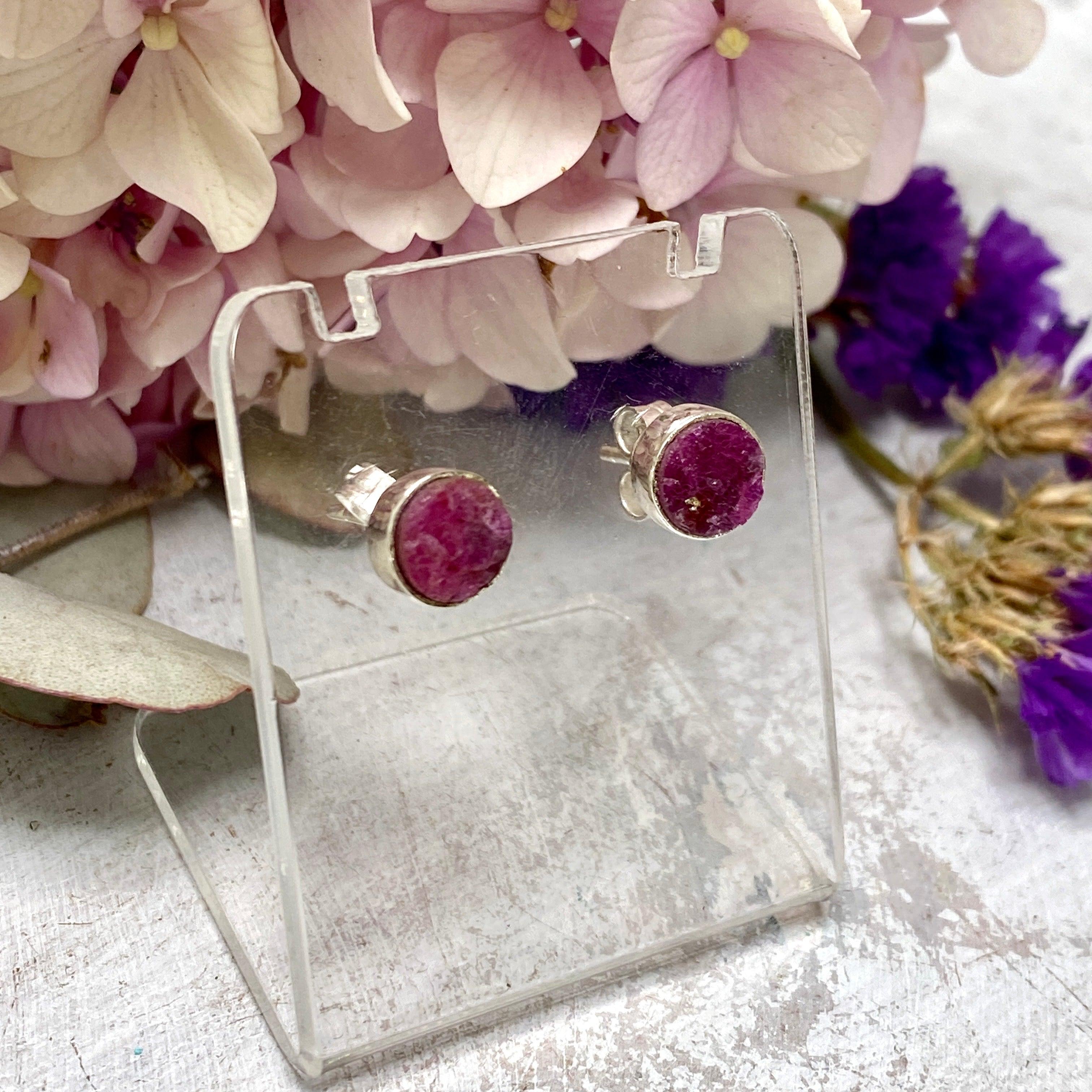 Natural Ruby Raw Round Stud Earrings KEGJ1254 – Handmade Gemstone Jewelry for Women, Perfect for Everyday Wear & Special Occasions
