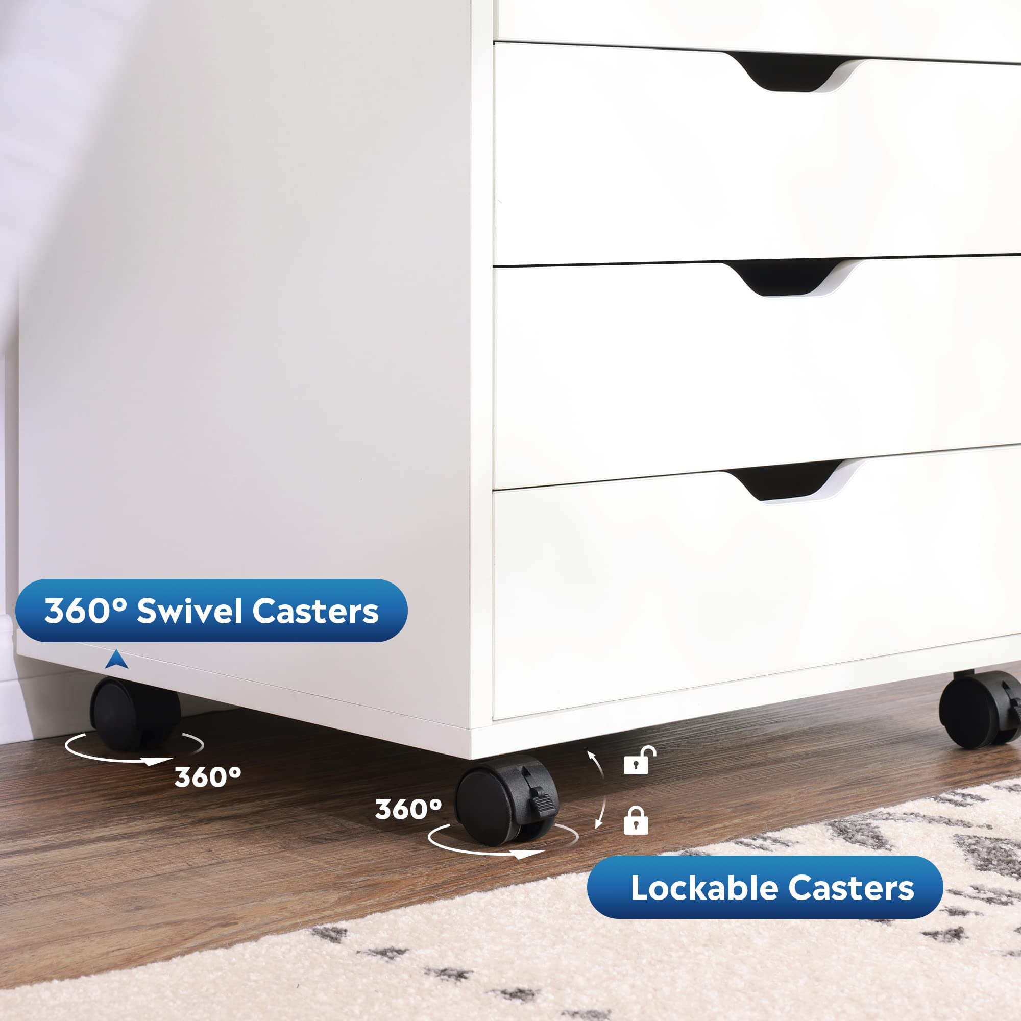 DEVAISE 5-Drawer Wood Dresser with Top Cabinet Storage - Mobile Chest of Drawers with Wide Storage Space for Bedroom, Living Room & Home Office - White Organizer Furniture for Clothes, Books & Office Supplies