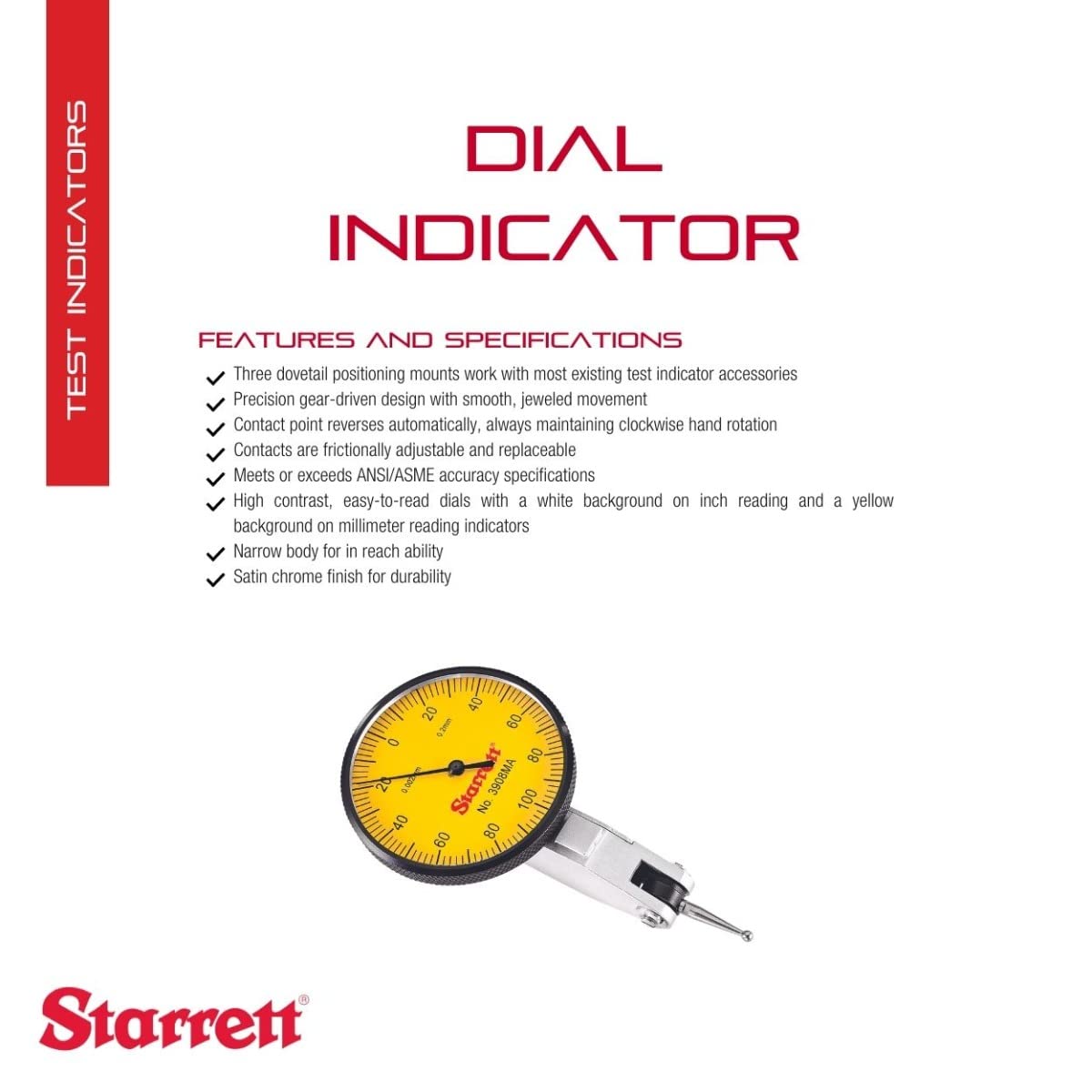 Starrett 3908MA Dial Test Indicator with Dovetail Mount - 40mm Yellow Dial, 0.2mm Range, 0-100-0 Reading, 0.002mm Graduations - Includes Two Dovetail Clamps & Case - Perfect for Precision Machining, Metalworking, and Quality Control Measurements