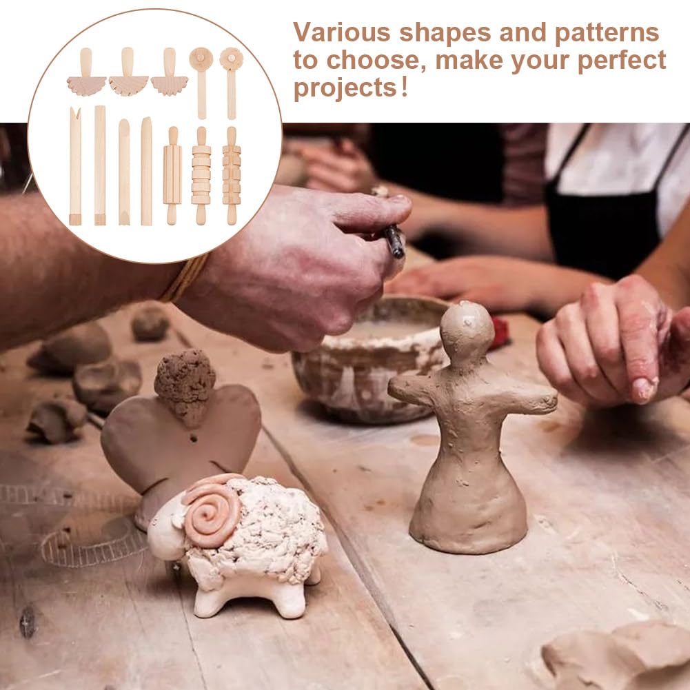 OLYCRAFT 12-Piece Clay and Dough Tool Set - Wooden Rollers, Hammers & Stamps for Pottery, DIY Crafts, and Art Activities | Perfect for Kids Play, Classroom Projects, and Creative Gift Giving