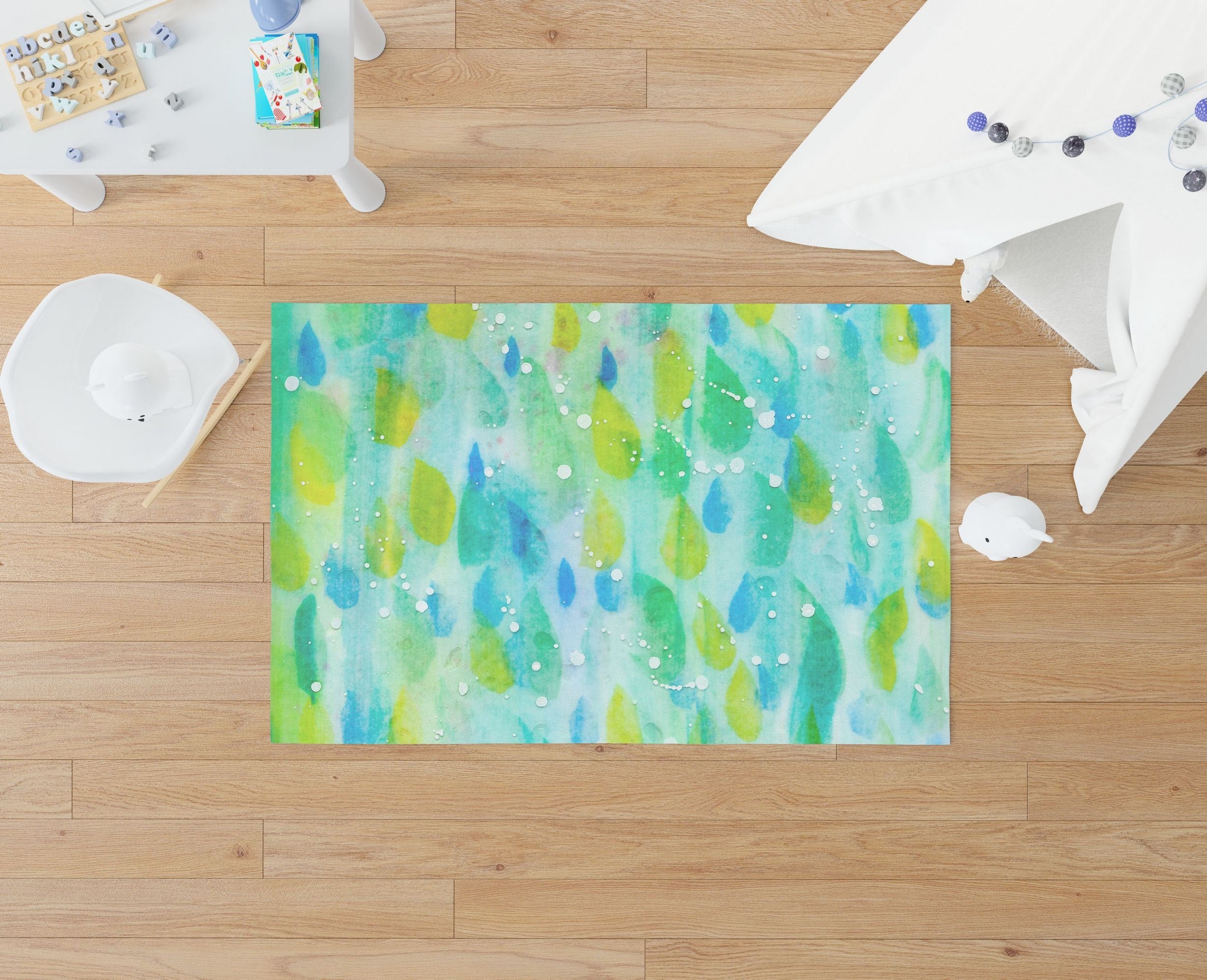 Large Thick Rectangle Area Rug - Green Abstract Modern Flat Woven Carpet for Living Room Bedroom Decor | USA Made Home Accent Rug