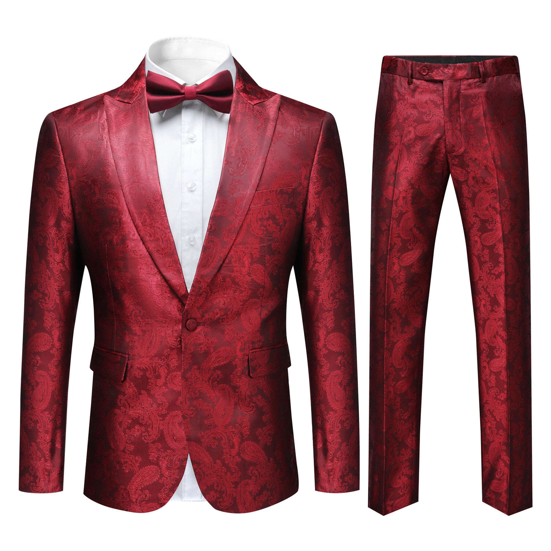2 Piece Slim Fit Paisley Print Men's Suit Set in Red - Perfect for Weddings, Parties & Formal Events