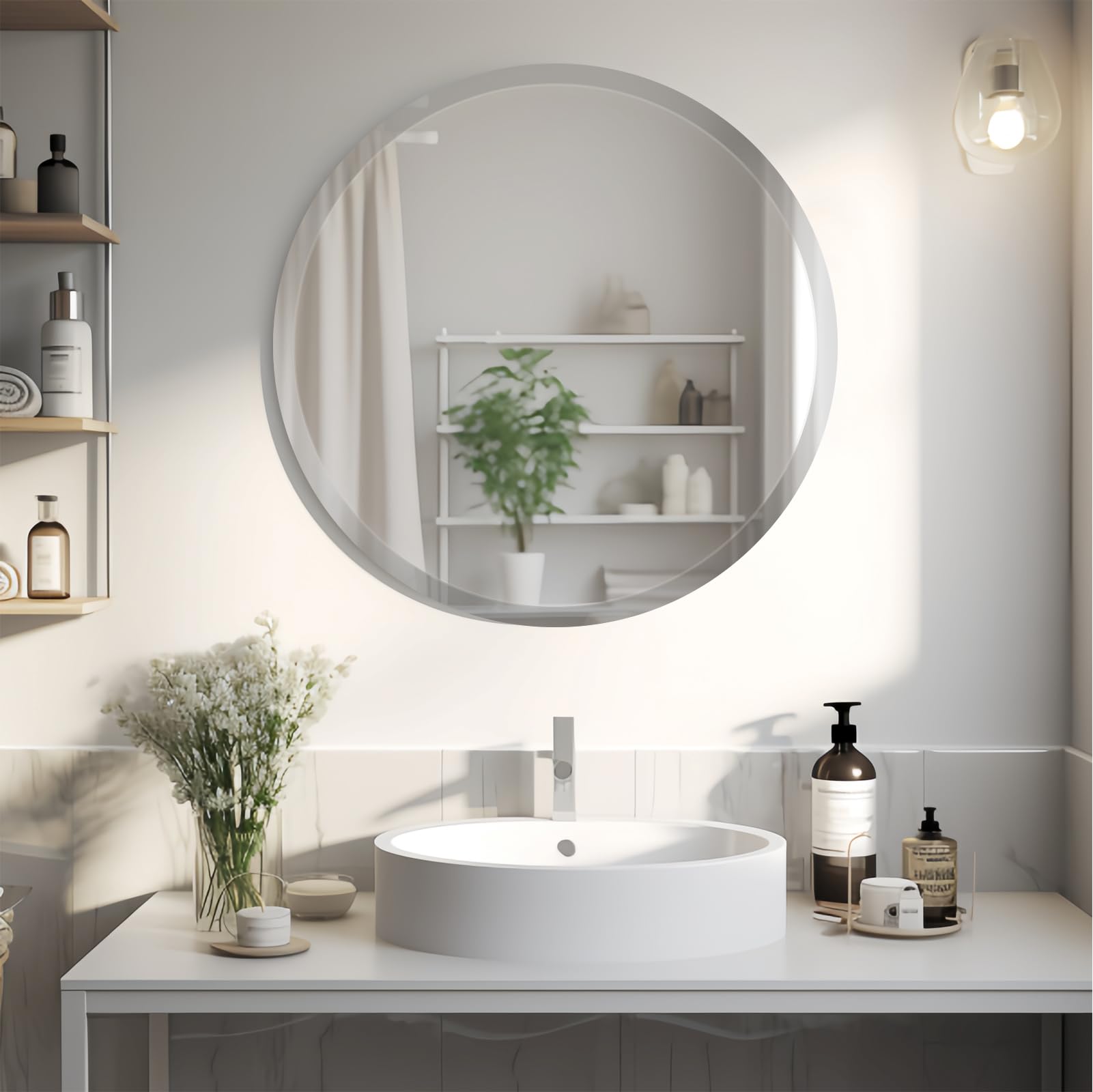 28 Inch Frameless Round Mirror with 1 Inch Beveled Edge - Elegant Bathroom Vanity Mirror for Living Room, Entryway & Home Decor - Perfect for Makeup, Wall Decor and Space Enhancement