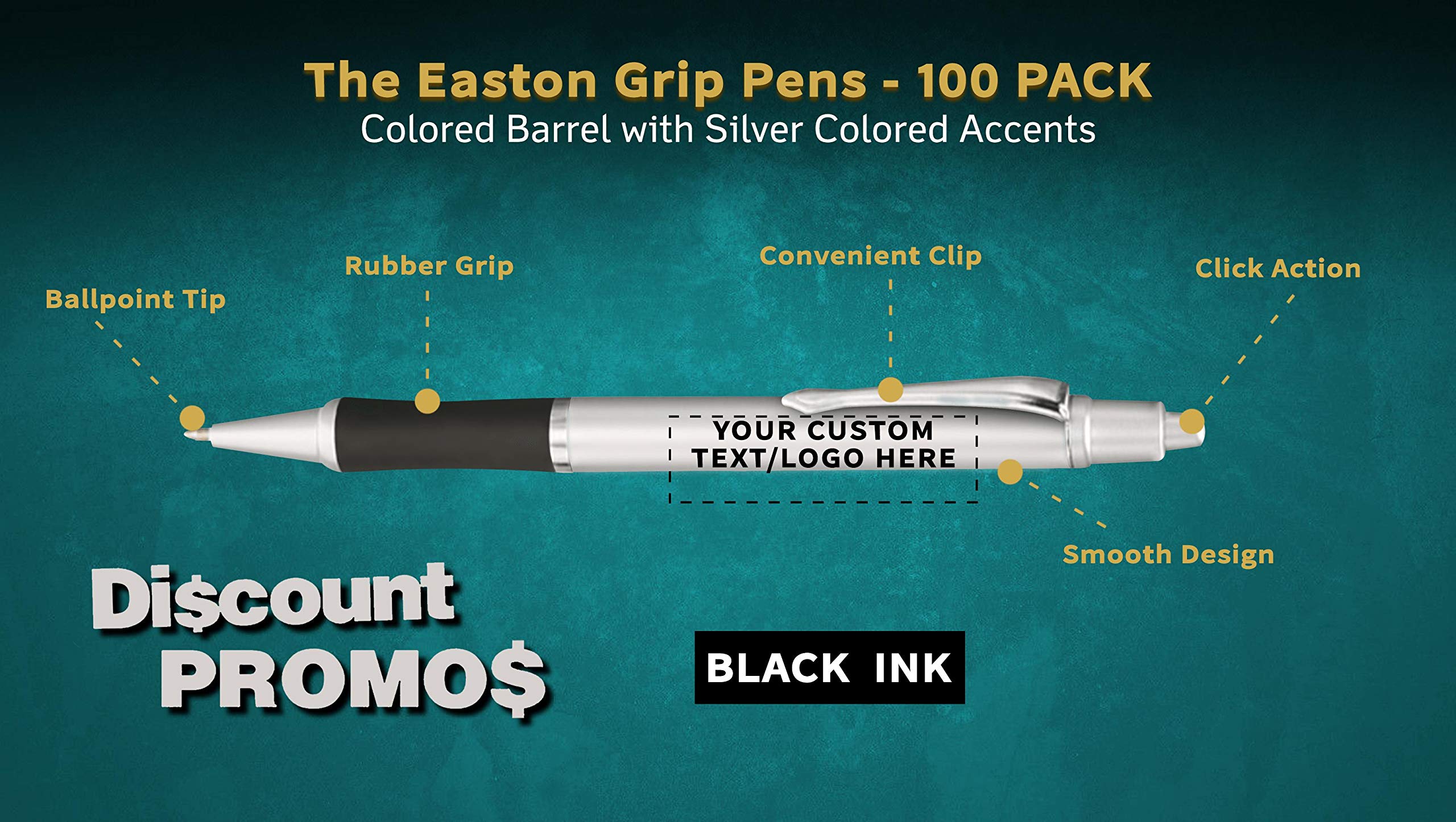 Customizable Grip Pens - 100 Pack Bulk Order with Text & Logo Printing - Premium Silver Pens for Office, School, Promotional Events & Corporate Gifts