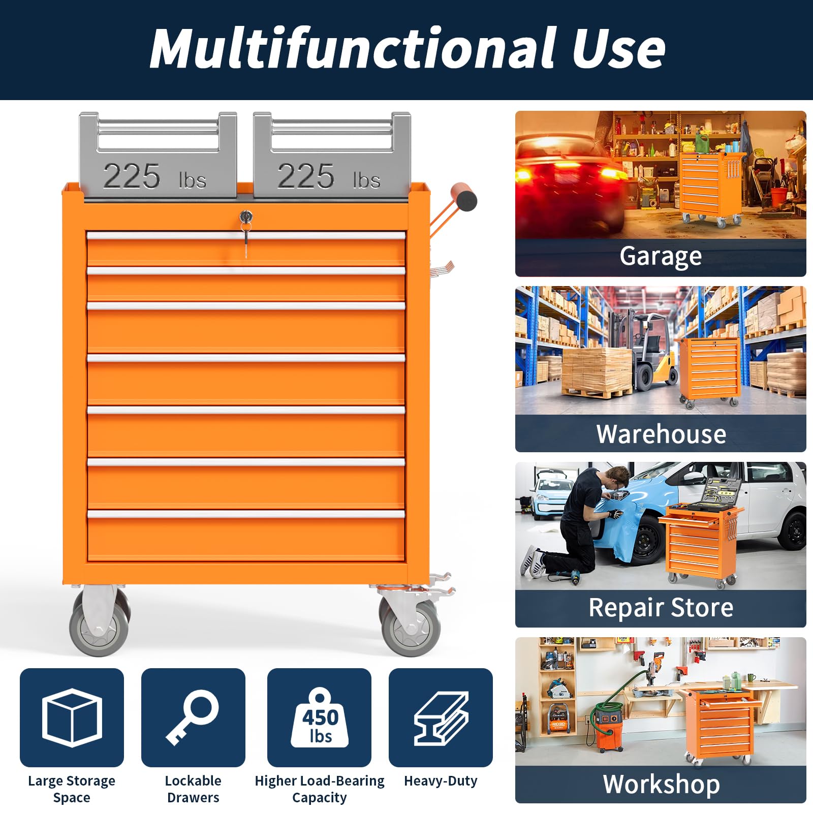 7-Drawer Rolling Tool Chest with Wheels - Heavy Duty Portable Tool Organizer for Garage, Workshop, Warehouse & Repair Shop - Orange Storage Cabinet (Perfect for Mechanics, DIY Projects & Professional Tool Organization)