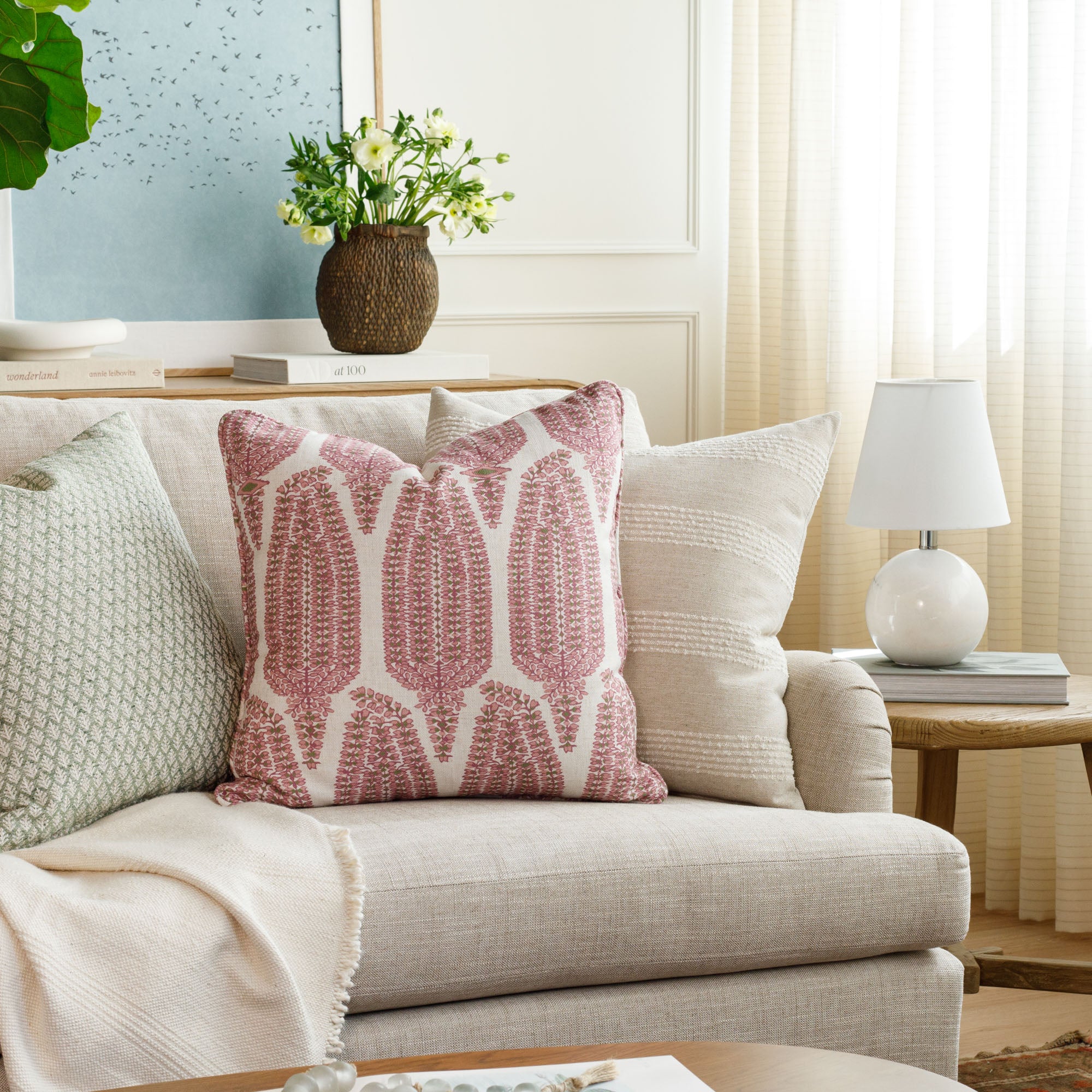 Finn Stripe 22x22 Decorative Throw Pillow Cover - Natural Linen Square Cushion for Sofa, Bed & Home Decor