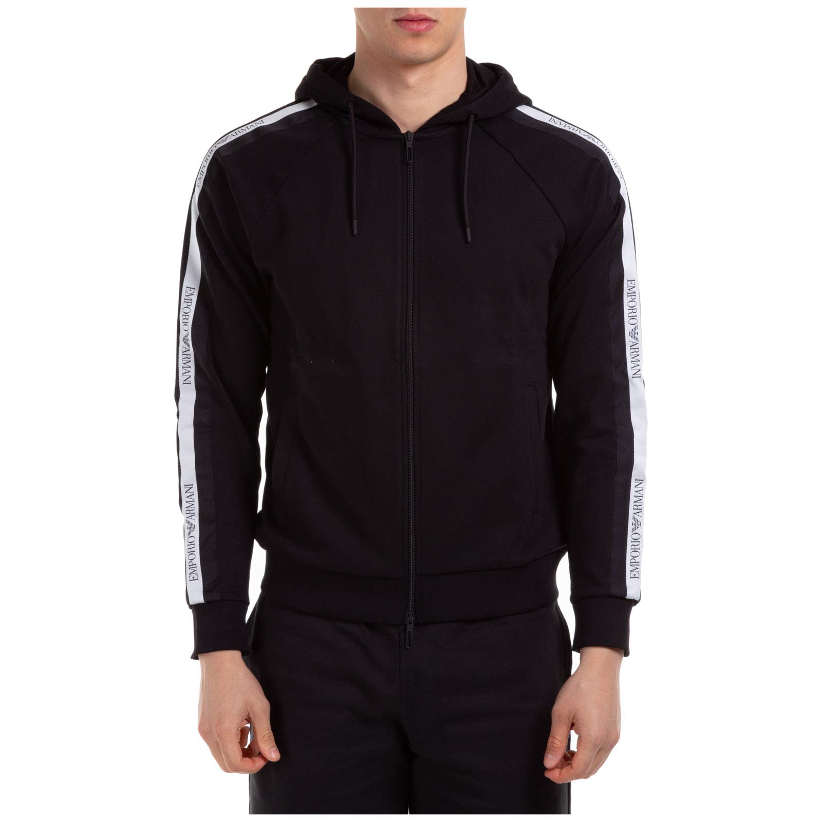 Emporio Armani Men's Black Cotton Zip-Up Hoodie - Lightweight Casual Jacket for Streetwear & Outdoor Activities