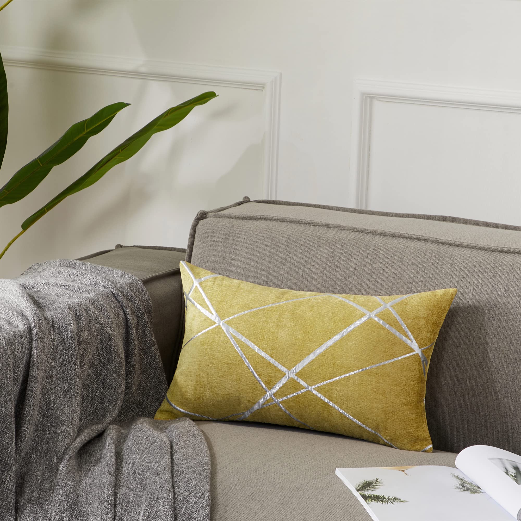 GIGIZAZA Decorative Lumbar Throw Pillow Covers Set of 2 - 12x20 Inch Square Yellow Luxury Sofa Cushion Covers for Living Room, Bedroom & Home Decor