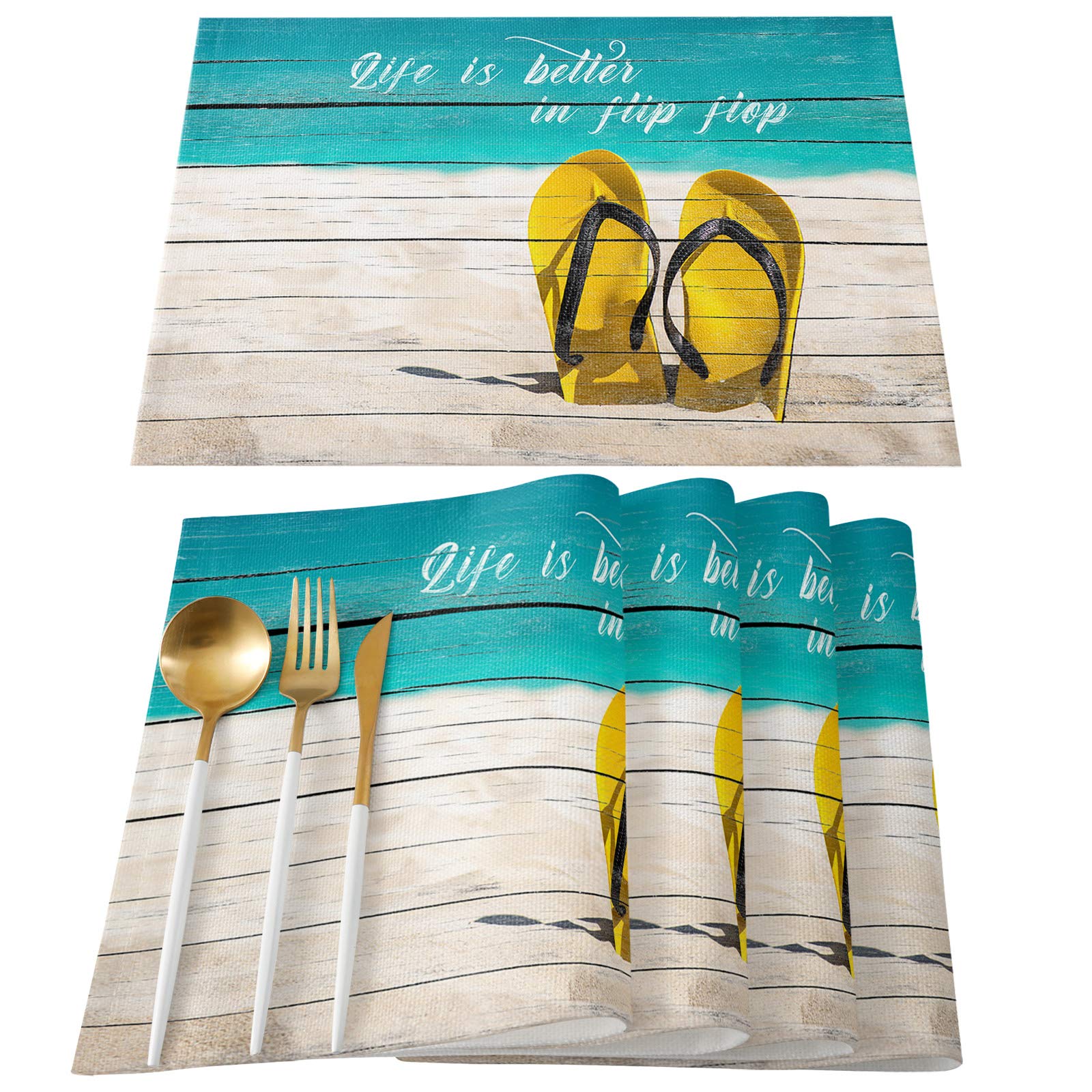 Fandim Fly Placemats Set of 4 - Summer Flip Flop Beach Design on Rustic Wooden Board - Easy to Clean Wipeable Table Mats for Dining & Kitchen - Perfect for Beach House, Summer Parties & Outdoor Entertaining