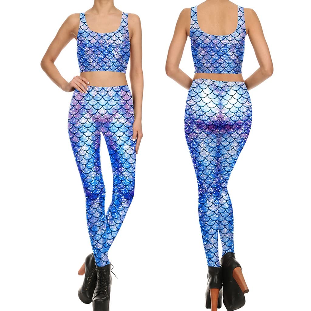 2 Pack Women's Fish Scale Print High Waist Yoga Leggings & Tank Top Set - Stretchy Activewear Outfits for Gym, Running, Yoga and Casual Wear