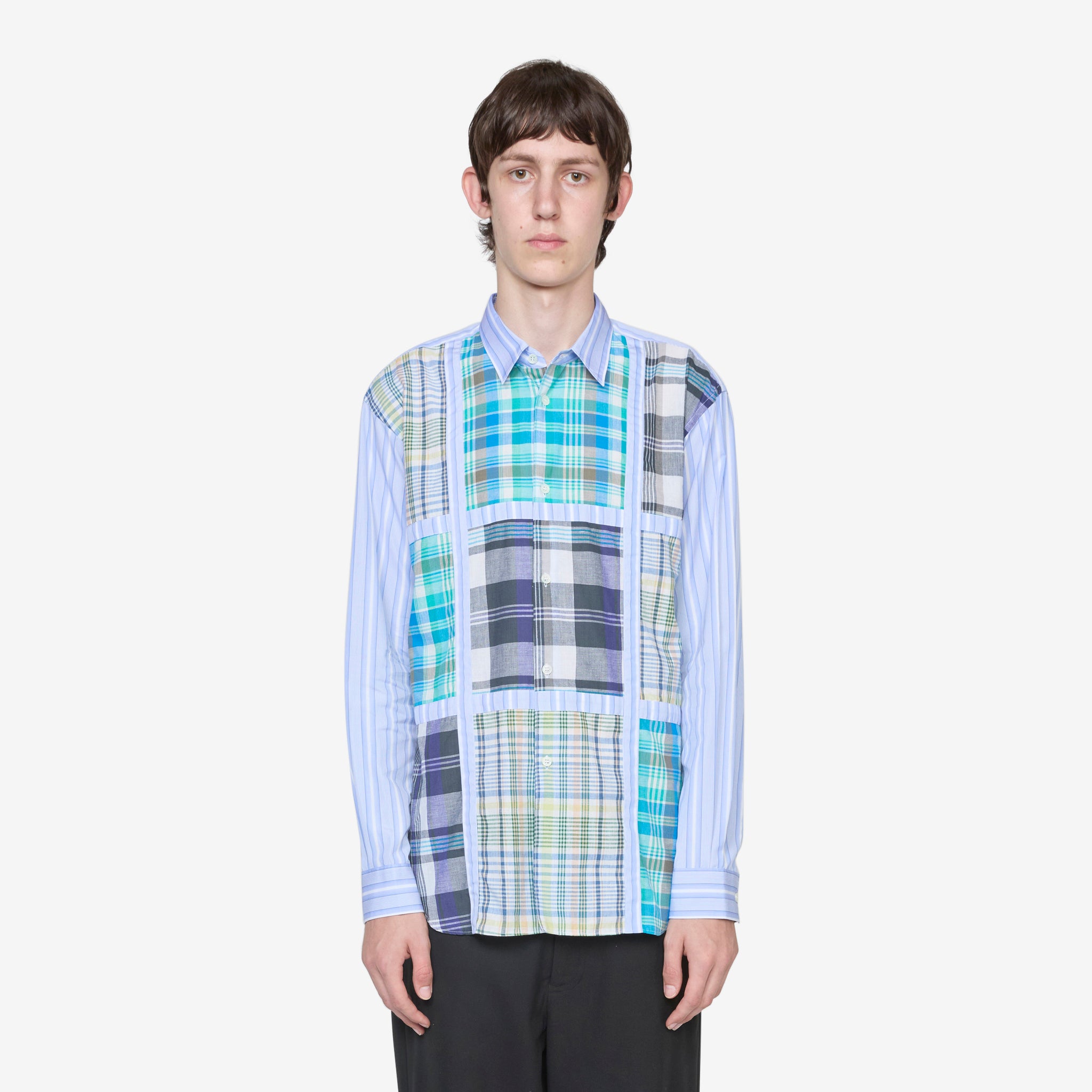 Blue Checked Panel Striped Shirt for Men - Casual Button Down Shirt for Office, Dating & Outdoor Activities