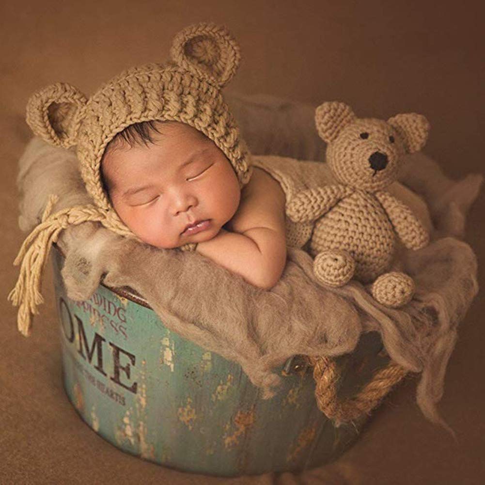 Crochet Baby Bear Hat & Knit Toy Set - Newborn Infant Photography Props for Boys & Girls - Perfect for Photo Shoots, Nursery Decor, and First Birthday Gifts