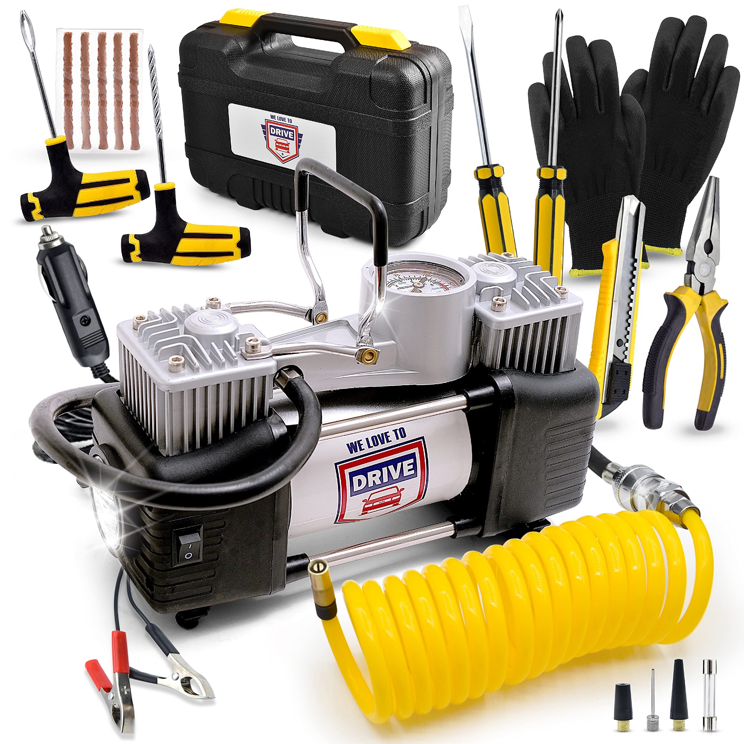 Portable 12V Air Compressor for Car Tires - 150PSI Tire Inflator with Repair Kit | Emergency Roadside Use