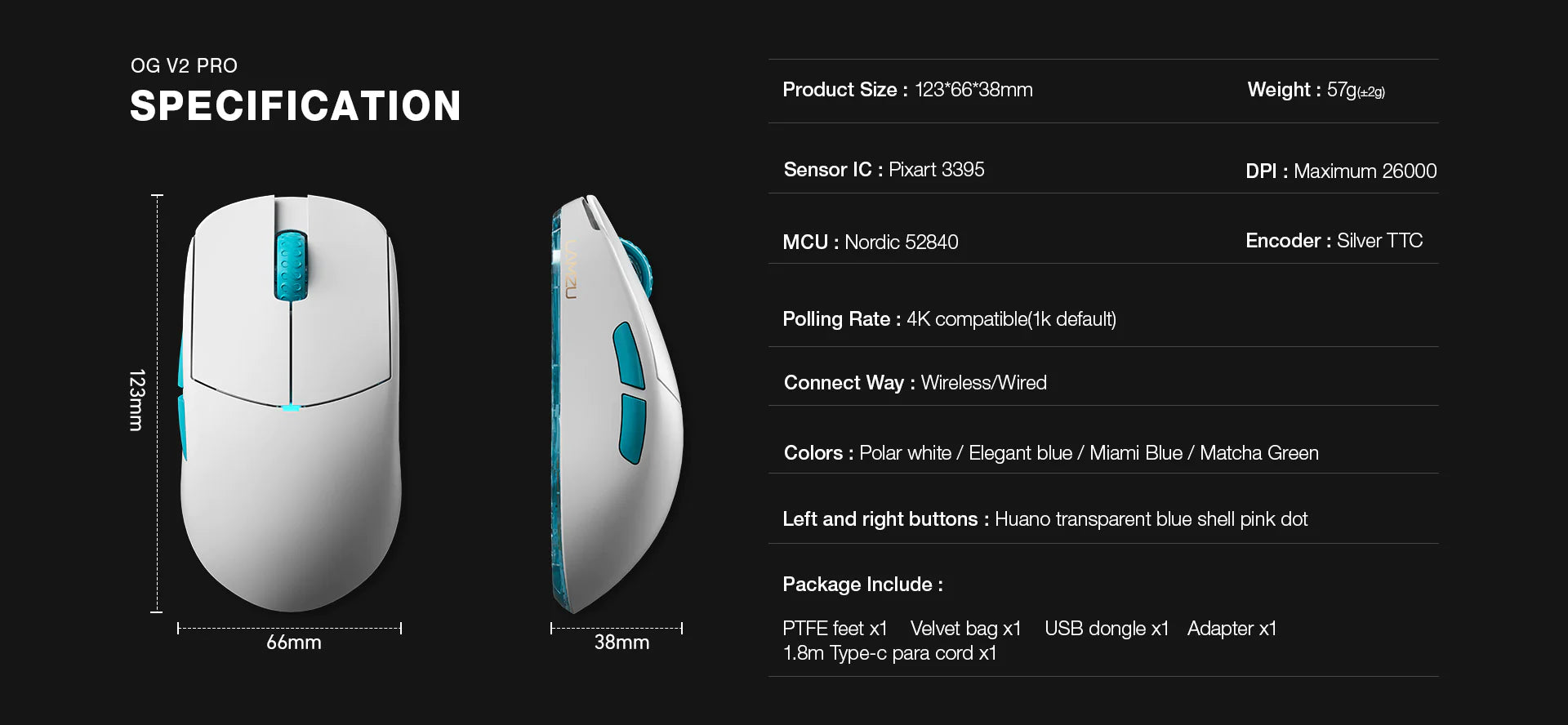 Lamzu Atlantis OG V2 Pro Wireless Gaming Mouse - 4K Compatible, Lightweight Ergonomic Design, Matcha Green - Perfect for FPS, MOBA & Esports Gaming