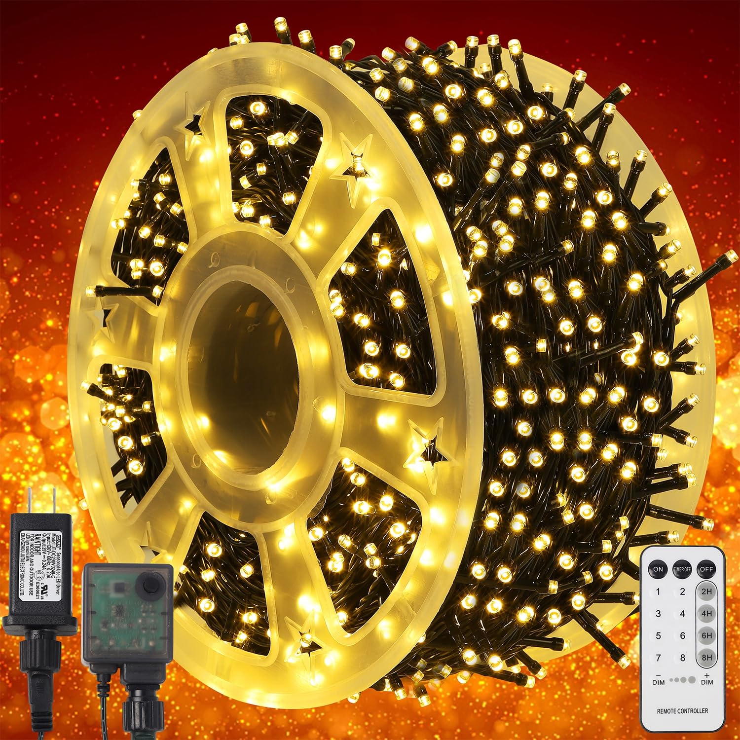 WATERGLIDE 1000 LED Christmas String Lights - 328ft Green Wire LED Fairy Lights with Remote & 8 Modes | Waterproof Outdoor Christmas Decorations for Holiday Party, Garden, Wedding, Home | Warm White Lighting for Indoor/Outdoor Use