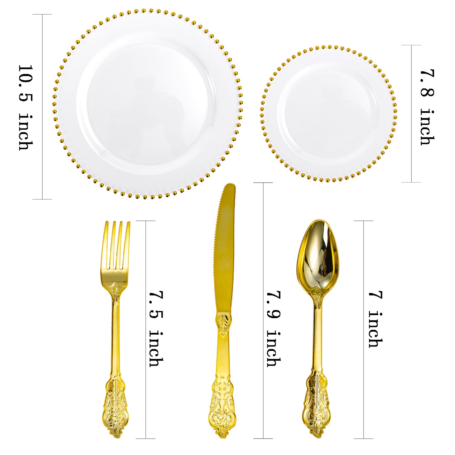 75-Piece Gold Plastic Dinnerware Set with Beaded Rim - 15 Dinner Plates, 15 Dessert Plates, 15 Forks, 15 Spoons, 15 Knives - Heavy Duty Disposable Tableware for Parties, Weddings & Special Events - Elegant & Durable for Catering, Banquets & Home Entertaining