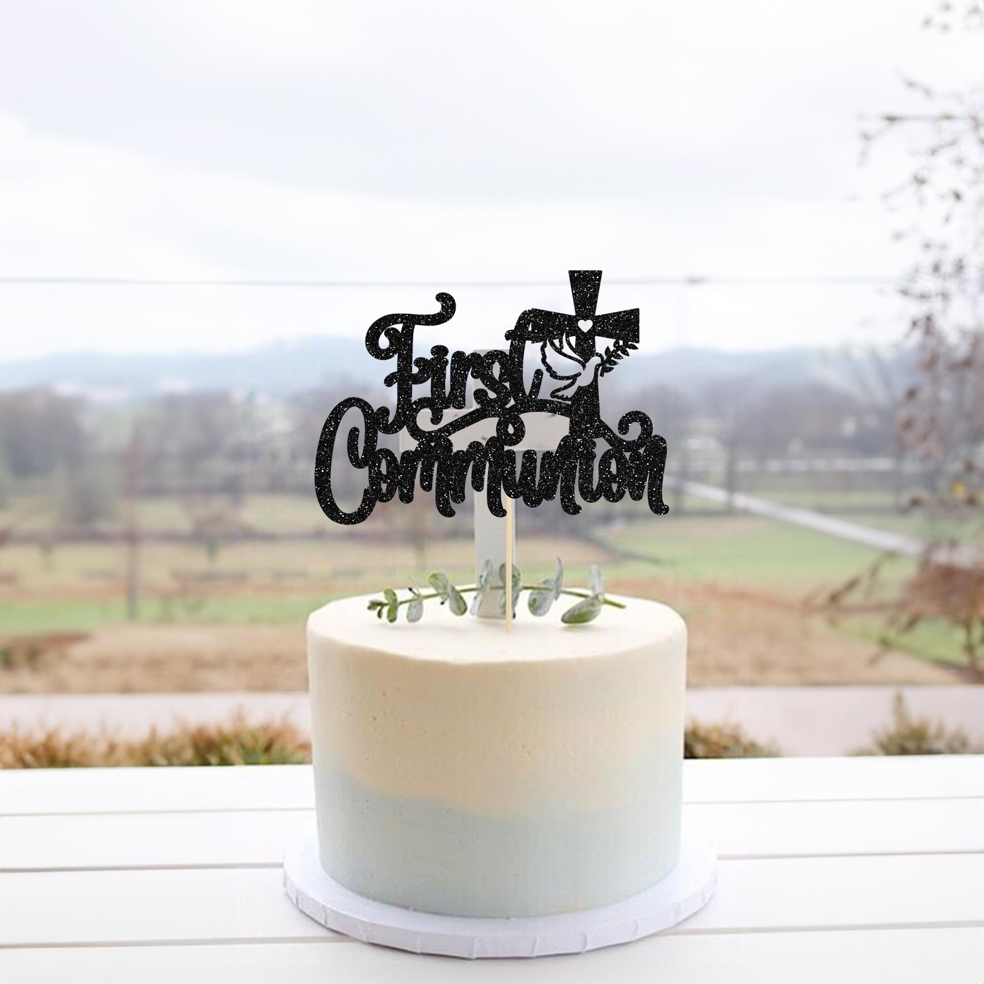 1Pcs Black Glitter First Communion Cake Topper - God Bless Cake Decoration for Kids | Religious Party, Baptism, Confirmation & Wedding Celebrations