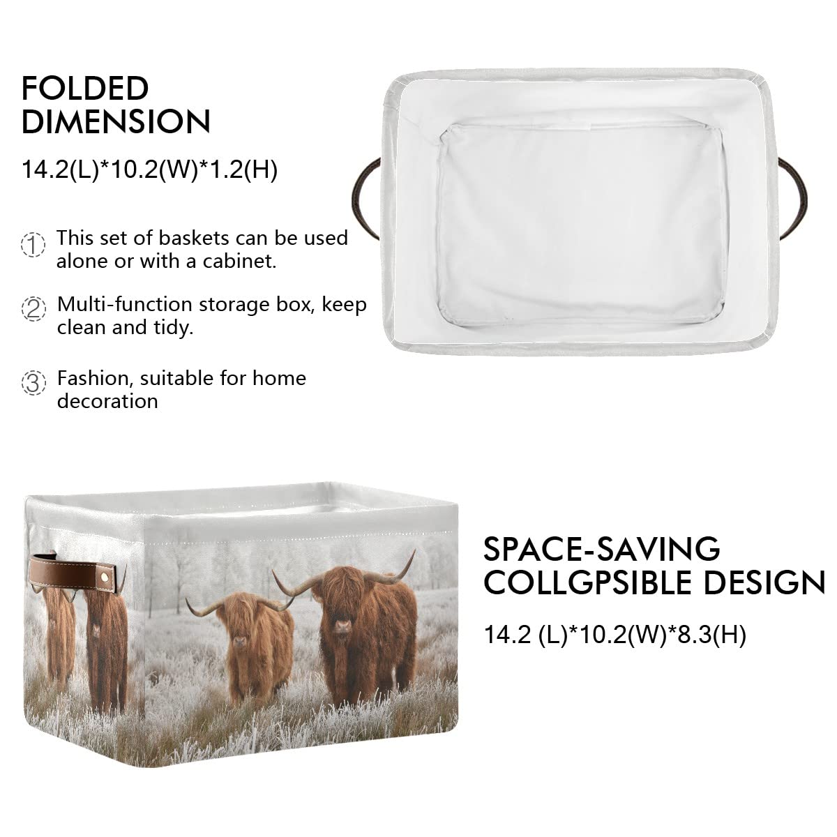 Scottish Highland Cow Fabric Storage Bin - Foldable Farmhouse Storage Basket for Baby Clothes, Dog Toys & Books - 16x12x8 Inch Closet Organizer & Shelf Cubes | Perfect for Nursery, Pet Room & Farmhouse Decor
