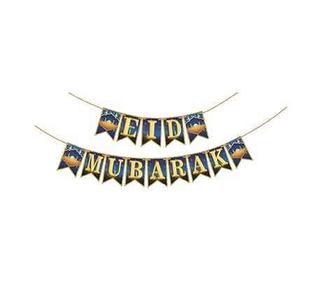 TyM Eid Mubarak Paper Banner Decorations - Happy Eid Party Hanging Bunting Garland for Ramadan Celebration - Indoor/Outdoor Wall Backdrop for Home, Mosque & Festival Decor