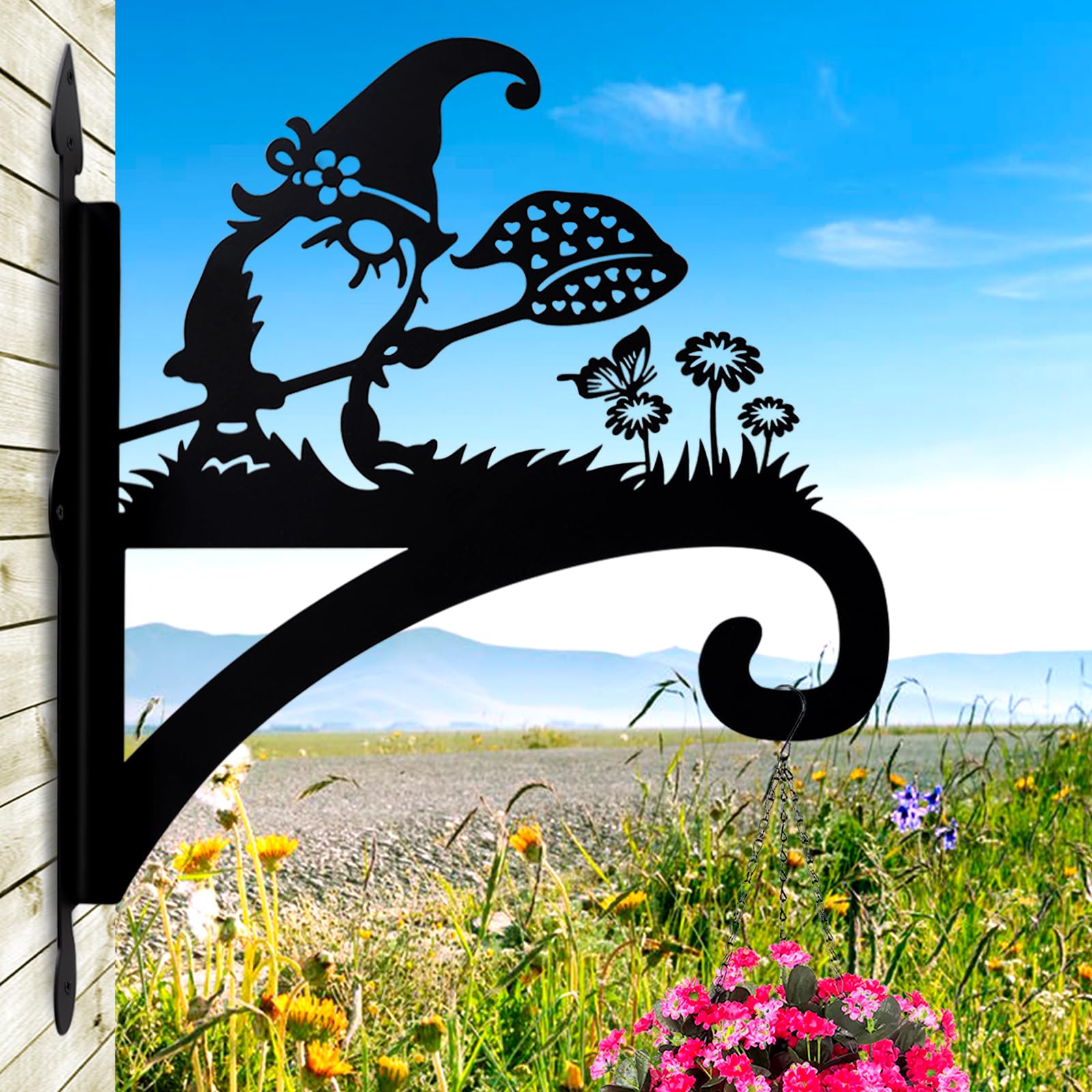 Heavy Duty Iron Gnome Silhouette Plant Hangers - 11 Inch Decorative Outdoor Hanging Brackets for Flower Pots, Bird Feeders, Lanterns & Wind Chimes - Perfect for Garden, Patio, and Porch Decor