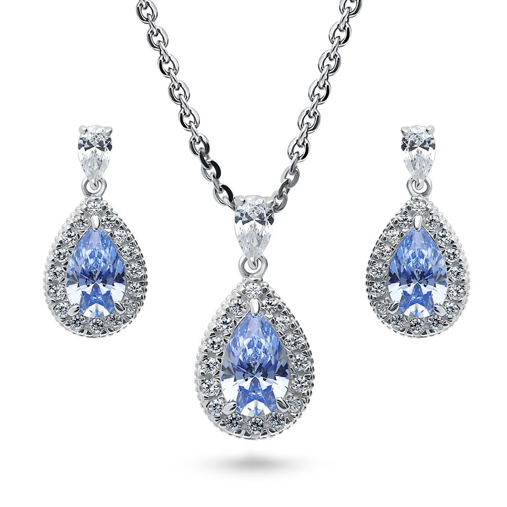 BERRICLE Sterling Silver Halo Pear Cut Cubic Zirconia CZ Necklace & Earrings Set for Women - Rhodium Plated Fashion Jewelry in Red, Purple, Green, Blue | Perfect for Weddings, Parties & Special Occasions