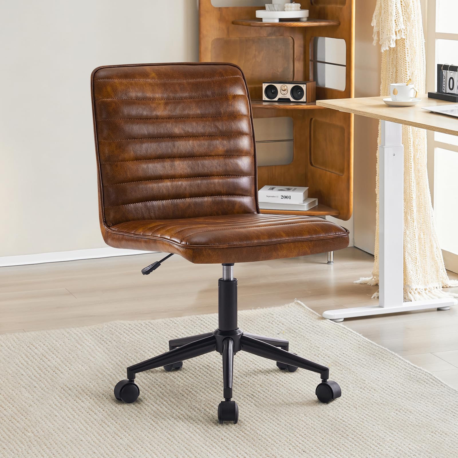 Ergonomic Armless Office Desk Chair - Faux Leather Upholstered Mid-Back Task Chair with 360° Swivel & Height Adjustment - Perfect for Home Office, Study Room & Teen Workspace (Dust Yellow)