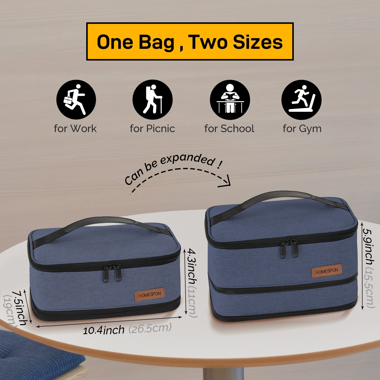 HOMESPON Insulated Expandable Lunch Bag for Men & Women - Leakproof Lunch Box with Handle for Work, School, Picnics & Travel - Perfect for Office, Outdoor Activities & Daily Commute (Blue)