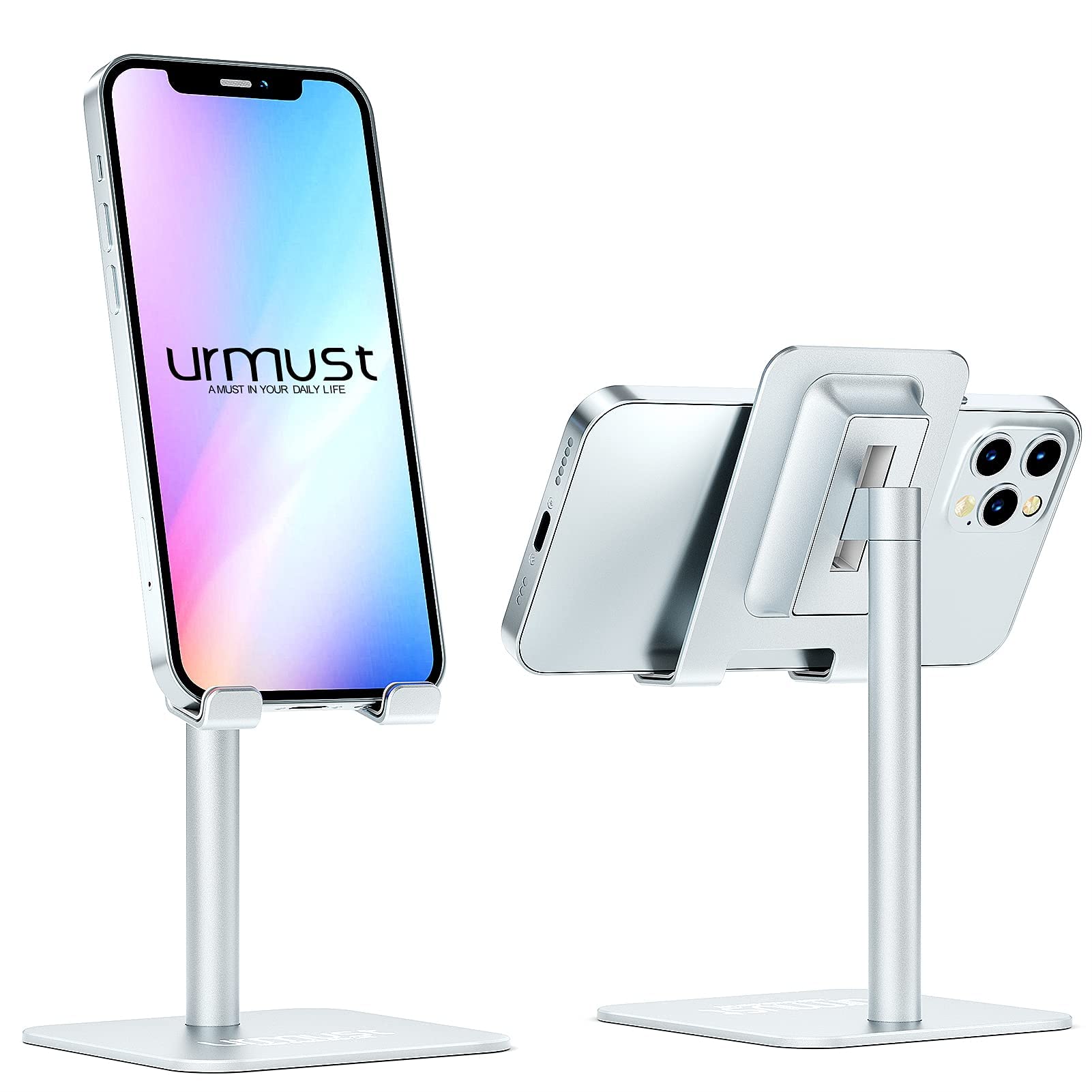 Urmust Z1 & Z28 Adjustable Silver Desk Phone Stand Holder - Perfect for Office, Home, and Video Calls