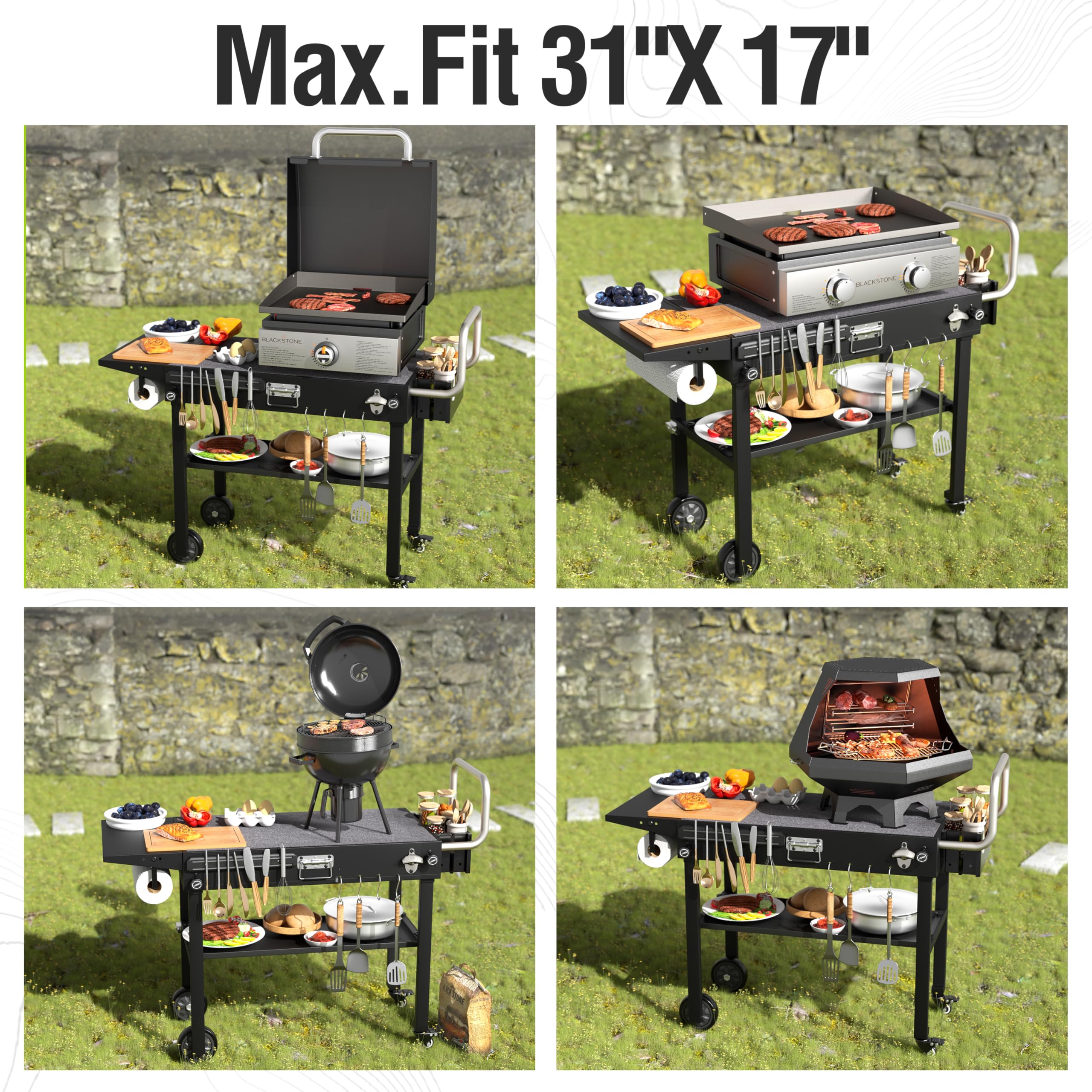 Portable Outdoor Grill Table with Wheels - Folding Grill Cart for Blackstone Griddle & Ninja Grill - Large Cooking Space with Paper Towel Holder - Perfect for Backyard BBQs, Camping & Tailgating Parties