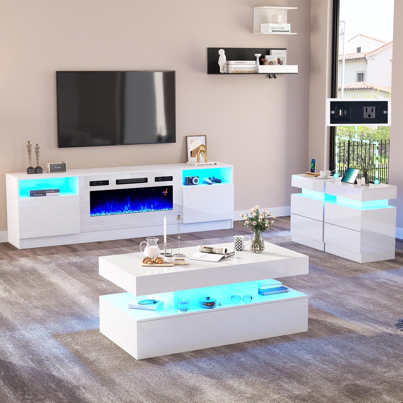AMERLIFE 4-Piece Modern High Gloss Living Room Table Set - 80