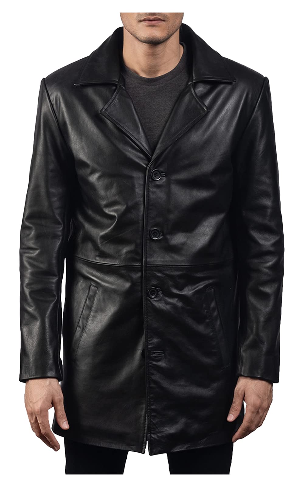 Premium Black Cowhide Leather Trench Coat for Men - Genuine Leather Jacket | Classic Outerwear for Business, Dating & Formal Occasions